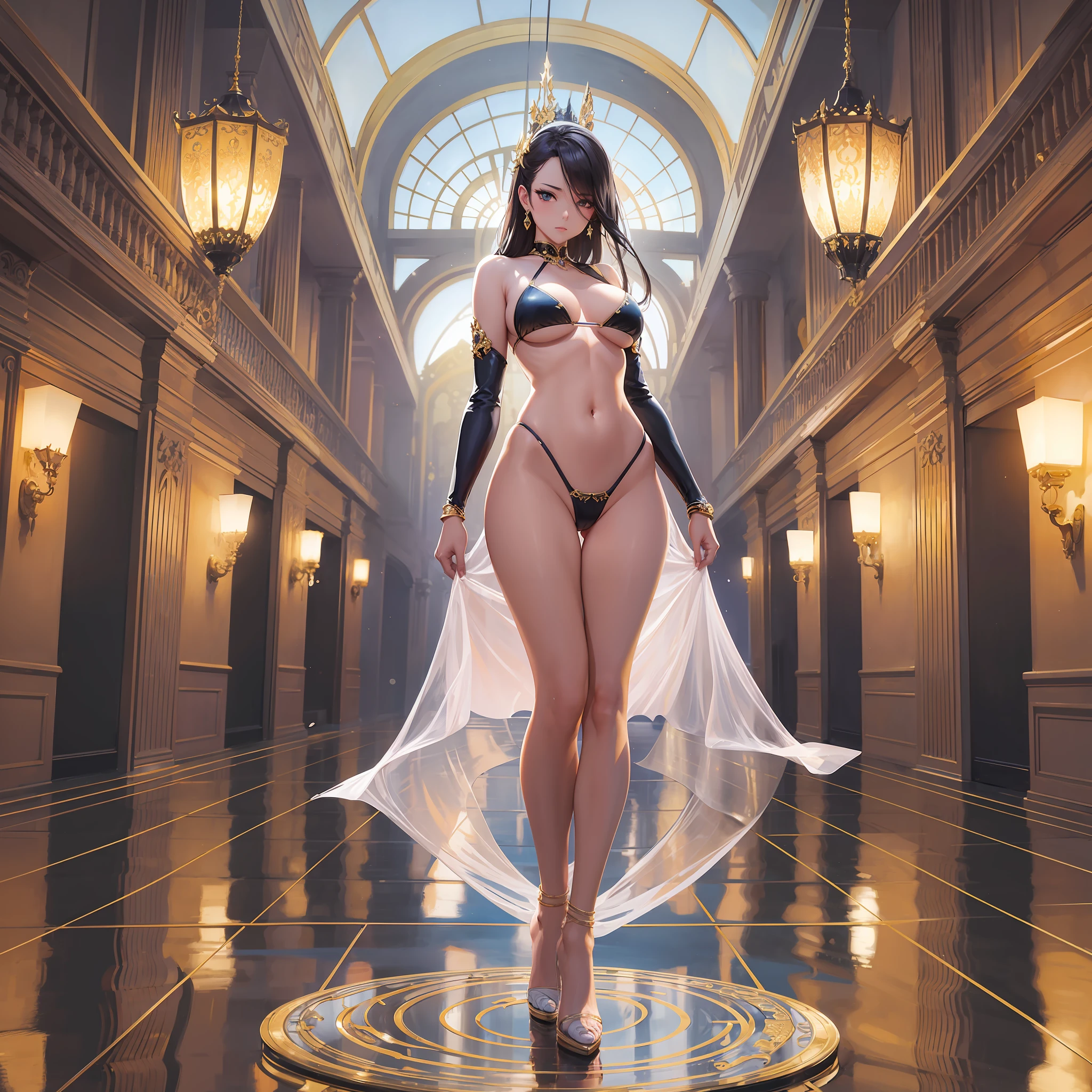 Master work, a beautiful and sexy anime urban woman, wearing a transparent bikini standing in the palace under the night sky, full body standing posture, detailed body part details, elegant and natural standing posture, clear face details, professional movie light and shadow
