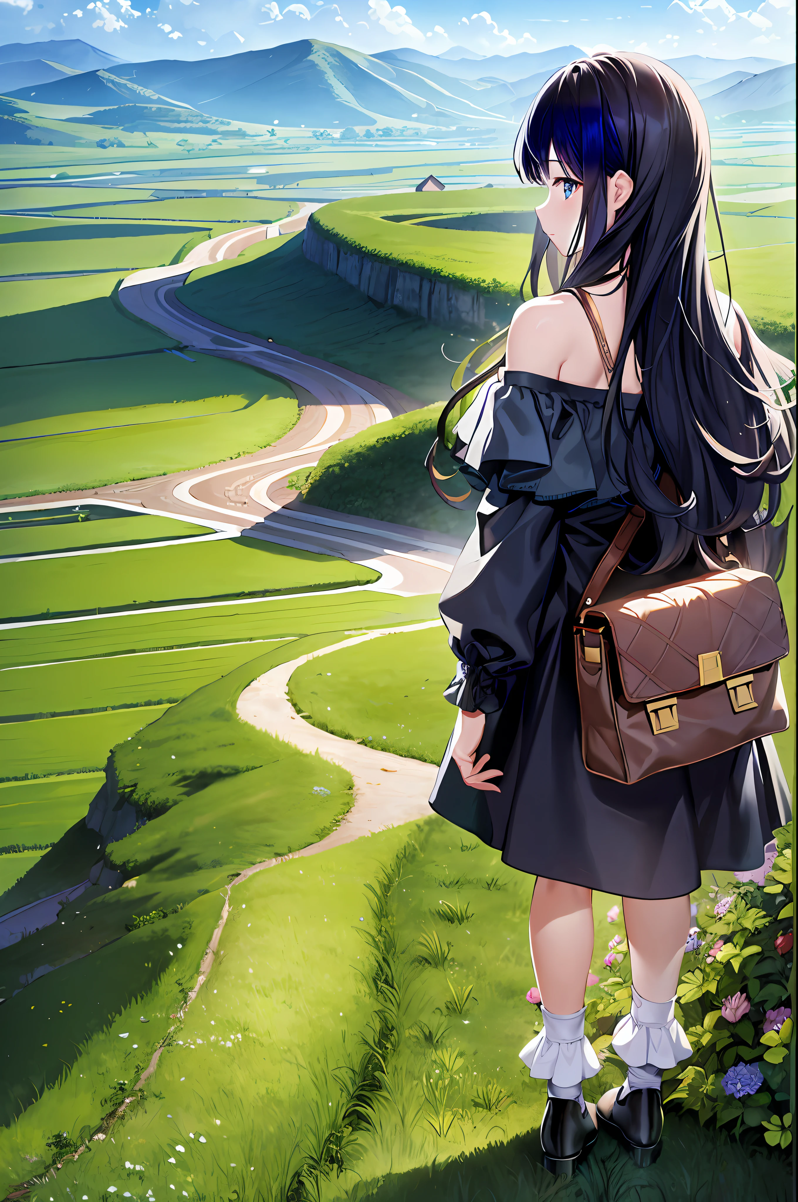 masterpiece,highres,extremely detailed CG unity 8k wallpaper, best quality, ultra-detailed, (best shadow), woman, mature, landscape,flower, off-shoulder dress, long hair,adjusting hair,floating hair,meadow, sunlight,day,cloudy sky,standing,castle,((from behind)), vanishing point ,field, rural, rice paddy,looking at landscape, panorama,overlook,socks,(high contrast:0.8),(((distant view))),blurry foreground,shoulder bag,