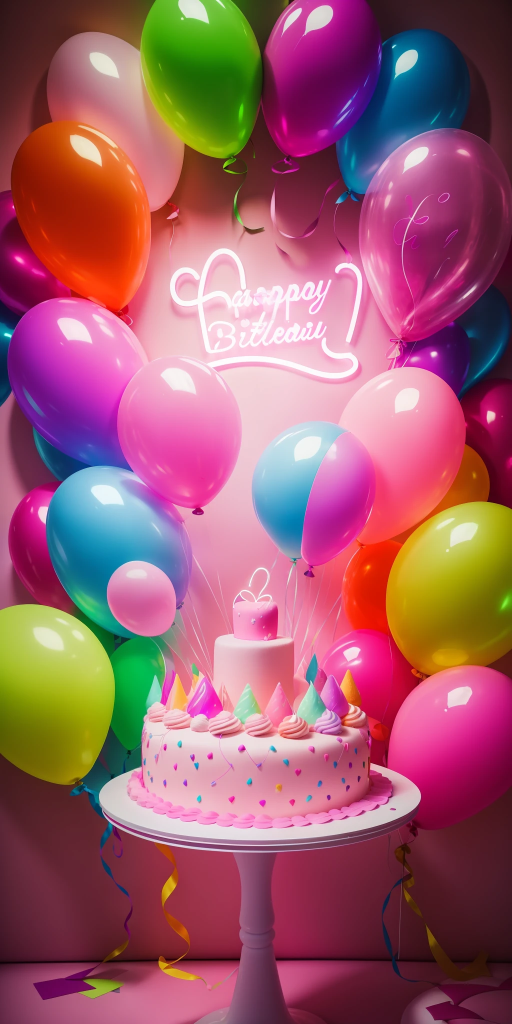 neon araffe with cake and balloons in front of the wall, fairycore, party balloons, birthday party, by, baloons, pastel ', hight decorated, balloons, 8k)), 🤬 neon 🎀 🤮 💕, romantic themed, ❤🔥🍄🌪 😃😀😄☺🙃 😉😗 Happy birthday neon