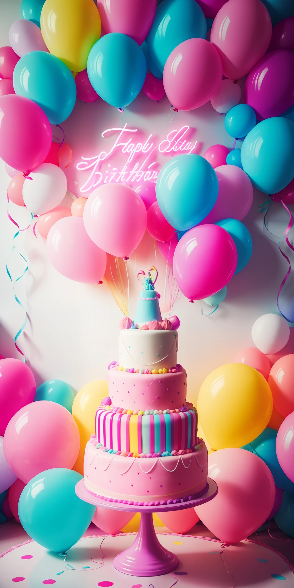neon araffe with cake and balloons in front of the wall, fairycore, party balloons, birthday party, by, baloons, pastel ', hight decorated, balloons, 8k)), 🤬 neon 🎀 🤮 💕, romantic themed, ❤🔥🍄🌪 😃😀😄☺🙃 😉😗 Happy birthday neon