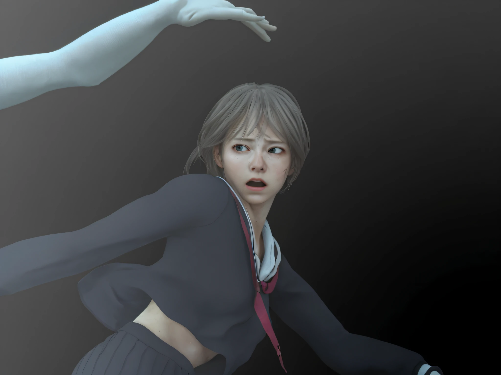 Realistic photo of cute girl, scared, anxious face, sweaty