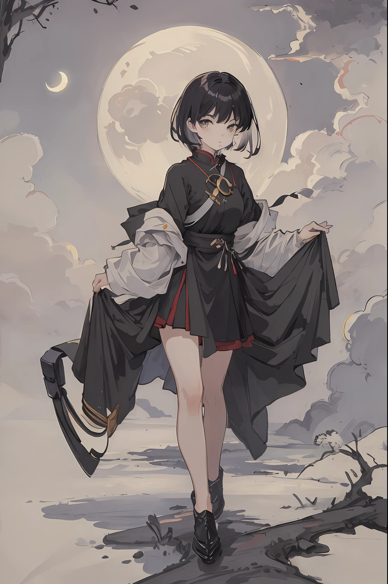 Masterpiece, best quality, night, hills, clouds, full moon, short hair, woman, silhouette, firefly.