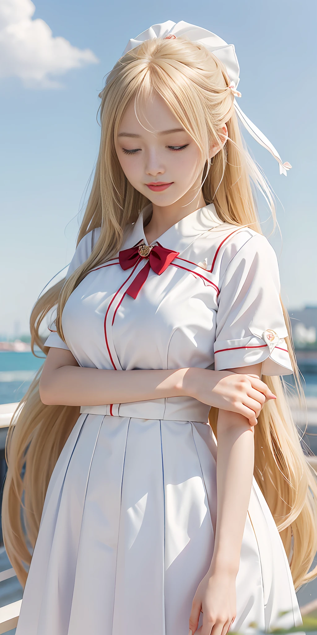 Anime girl looking at camera, eyes closed, hands on chest, blonde anime girl with long hair, white dress, anime goddess, white school uniform, seductive anime girl, anime girl with long hair, highest rating on pixiv, anime Barbie in white, three-dimensional facial features in pixiv, mature, red bow, yellow stripes on clothes, smile