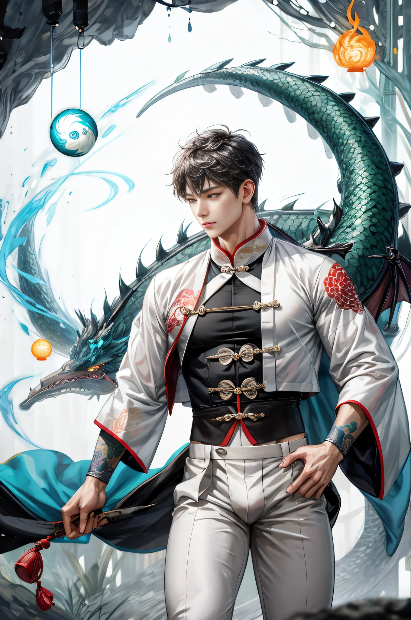 Handsome, 25 years old, Asian, master work, best picture quality, higher quality, high detail, super high resolution, 8k resolution, delicate facial features, boy, big muscles, tattoos, glowing eyes, hair details, [[look away, look to the side, emphasize homosexuality and pay attention to every detail , cross-legged, open Hanfu transparent tulle jacket, white rubber pants, (((((crotch bulge)))) (harmony, balance, yin and yang), Chinese silk painting, Tai Chi principle, smooth movement, interconnected elements, Interaction of contrasting forces, Taoist philosophy, Touch of the I Ching, warm and cold tones, reflective art, inspiration by Laozi, Zhuangzi, Yin and Yang Diagram, Taiji Diagram, Bagua Diagram, Spirit and Flesh Unity, Taoism, Summoning Magic, Movie Lighting, Fire and Ice, Bagua Background, Round Bagua, Yiyang, Taoist Practice, Meditation Meditation, Buddha Meditation, Spiral Dragon, Top Cloud Dragon,