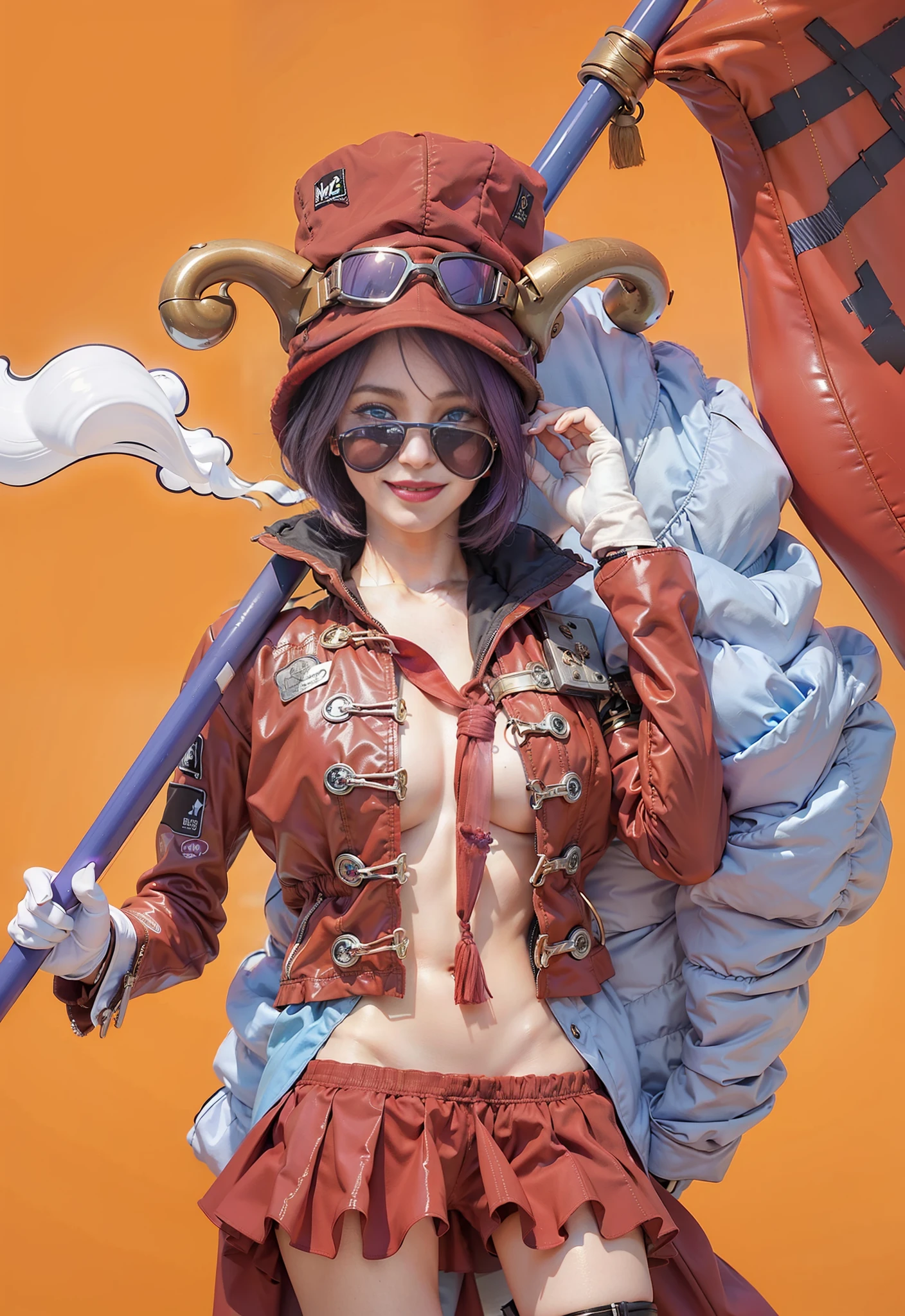 (female:1.2) (bodybuilder:0.8), masterpiece, photorealistic, 1girl, mature, short hair, purple hair, large breasts, goggles, blue eyes, smile,