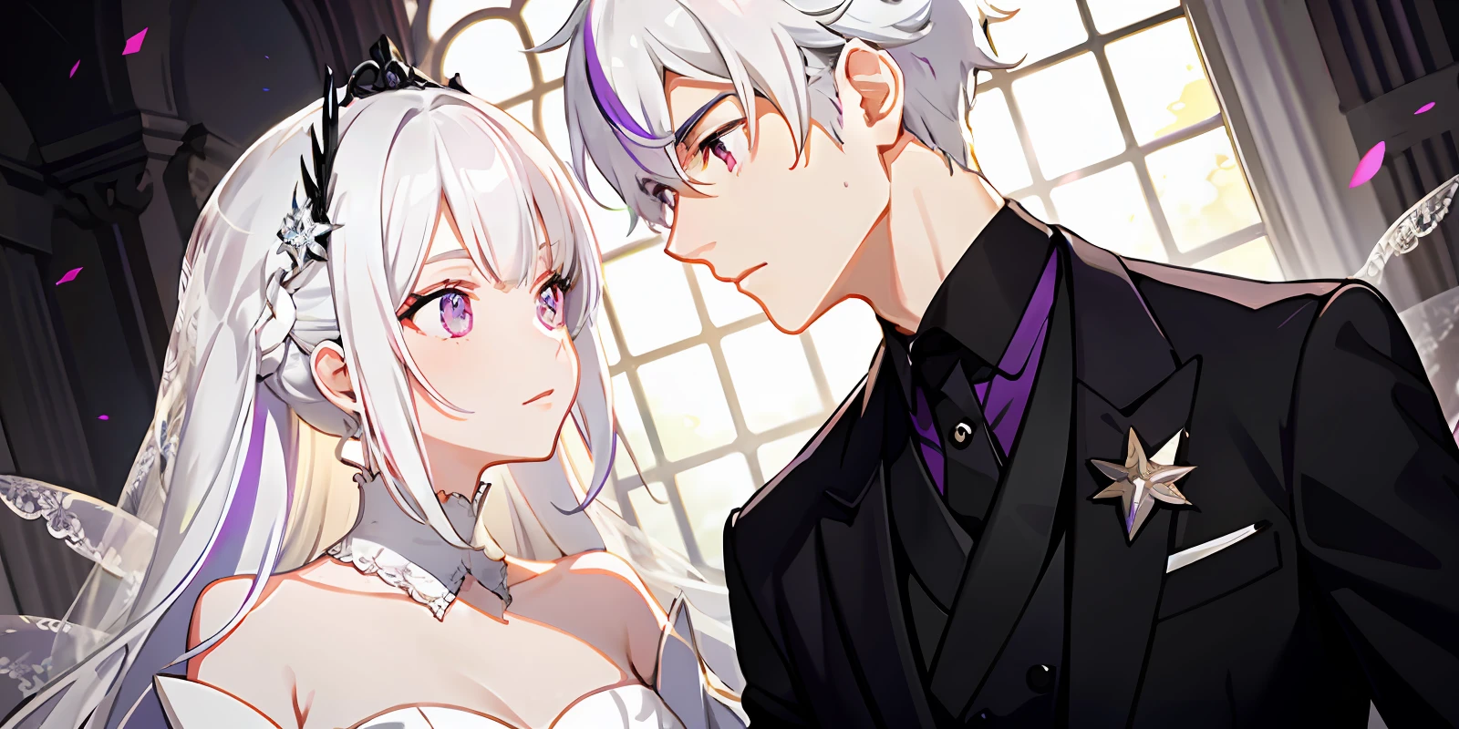 Couple, white hair, multicolored hair, purple eyes, head mask, side light, light particles, wallpaper, wedding dress