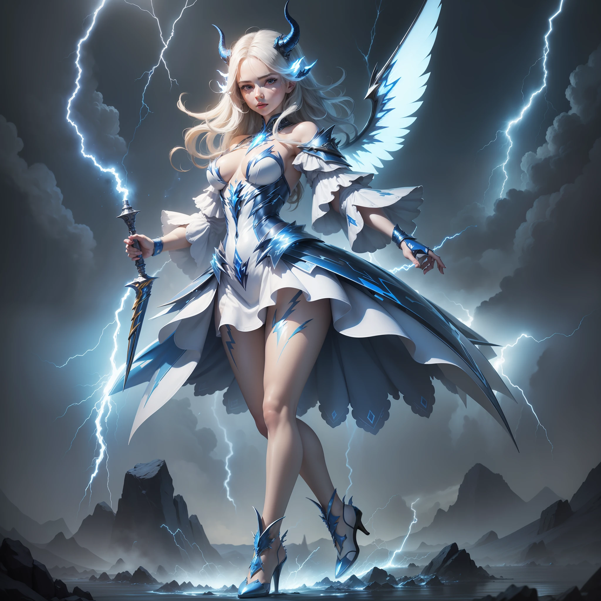 (masterpiece), better quality, ultra detailed, enhanced realism, perfect minutiae, (full-body woman), blue and white clothing, (lightning, electricity:1.2, horns, wings), enhanced details.