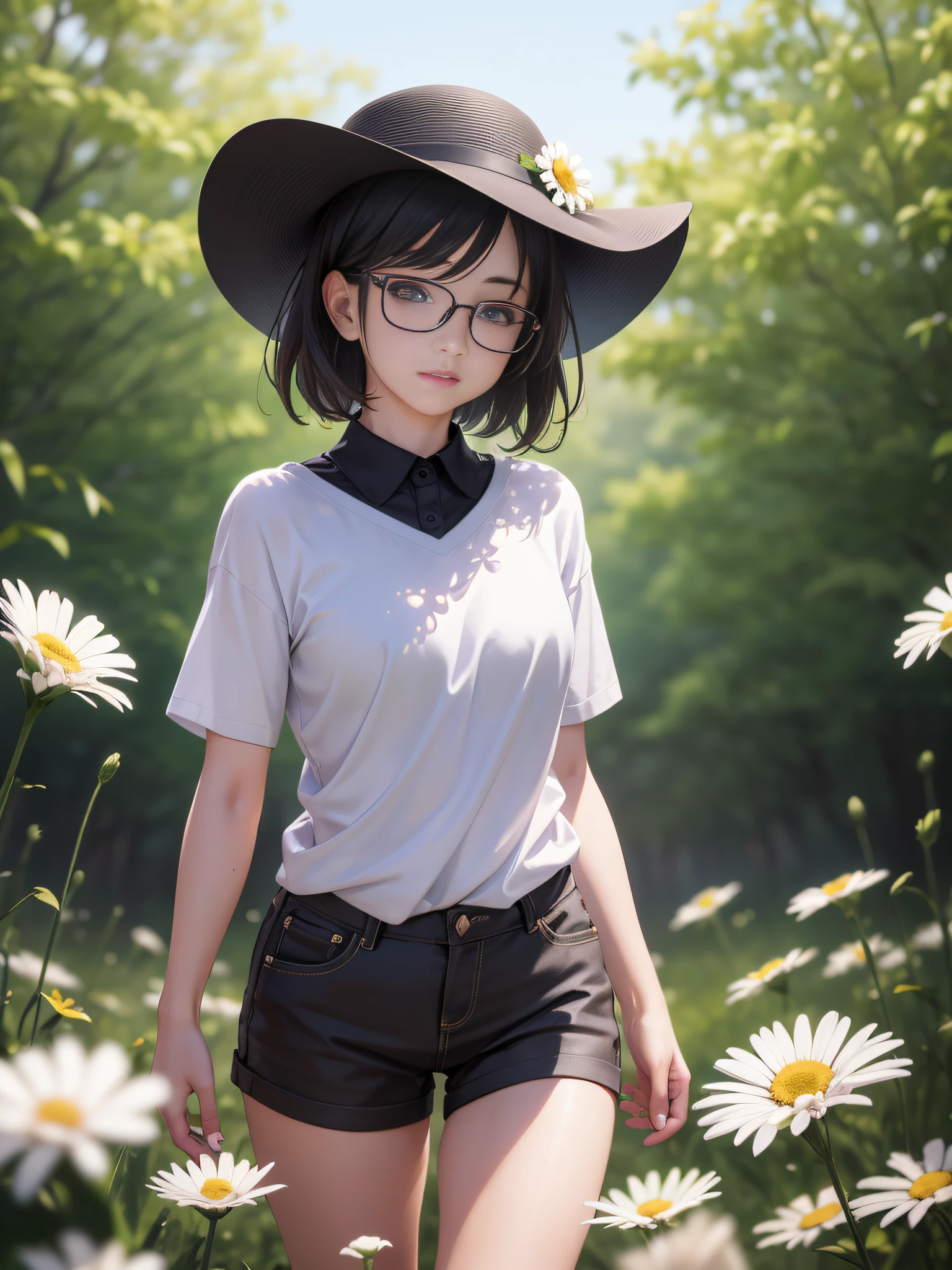 (RAW photo:1.2),(photorealistic:1.4),(masterpiece:1.3),(best quality:1.4),ultra high res, HDR,8k resolution, 1 girl, happy, Asian, shoulder length short brown hair, black hat, glasses, skinny, small breasts, white T-shirt, black pant, high white socks, black shoes, (detailed eyes),(detailed facial features), (detailed clothes features),(full body),standing in the middle of a field of daisies