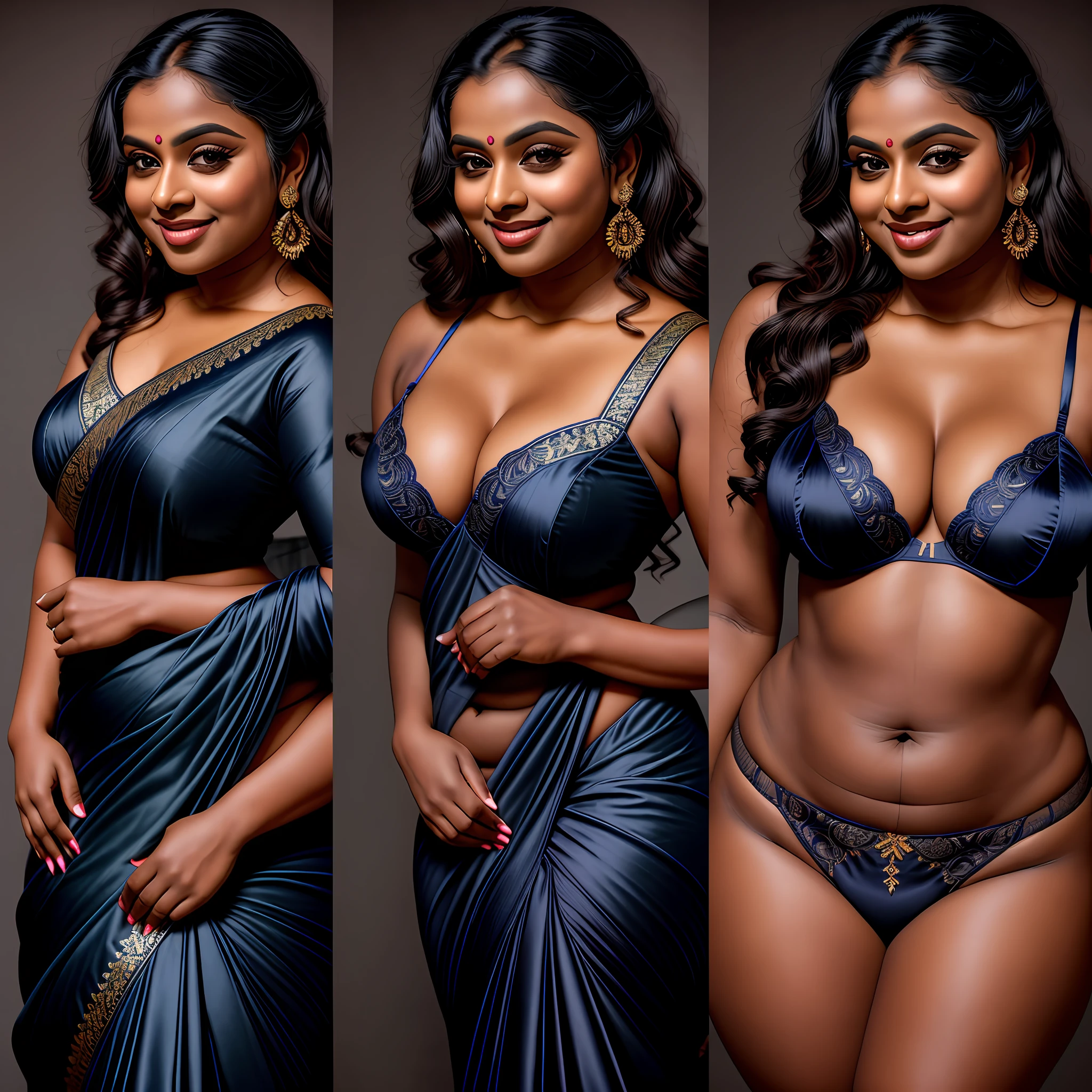 side by side photo of a mallu village belle wearing a navy blue saree, dark skin, curvy, tall, hourglass figure, big ass, seductive, detailed cute face, full lips, smiling, studio lighting, hyper realistic, deep cleavage, showing knees
