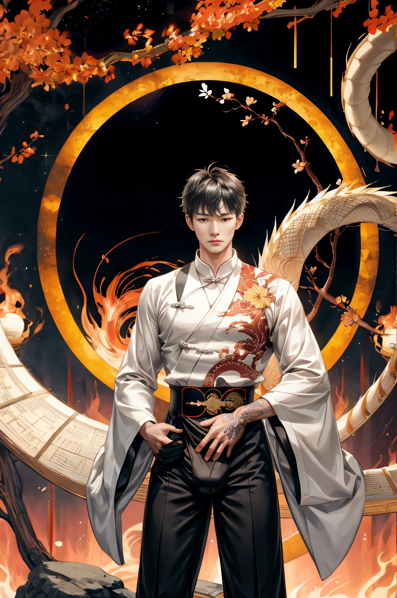 Handsome, 25 years old, Asian, master work, best picture quality, higher quality, high detail, super high resolution, 8k resolution, delicate facial features, boy, big muscles, tattoos, glowing eyes, hair details, [[look away, look to the side, emphasize homosexuality and pay attention to every detail , cross-legged, open Hanfu transparent tulle jacket, white rubber pants, (((((crotch bulge)))) (harmony, balance, yin and yang), Chinese silk painting, Tai Chi principle, smooth movement, interconnected elements, Interaction of contrasting forces, Taoist philosophy, Touch of the I Ching, warm and cold tones, reflective art, inspiration by Laozi, Zhuangzi, Yin and Yang Diagram, Taiji Diagram, Bagua Diagram, Spirit and Flesh Unity, Taoism, Summoning Magic, Movie Lighting, Fire and Ice, Bagua Background, Round Bagua, Yiyang, Taoist Practice, Meditation Meditation, Buddha Meditation, Spiral Dragon, Top Cloud Dragon,