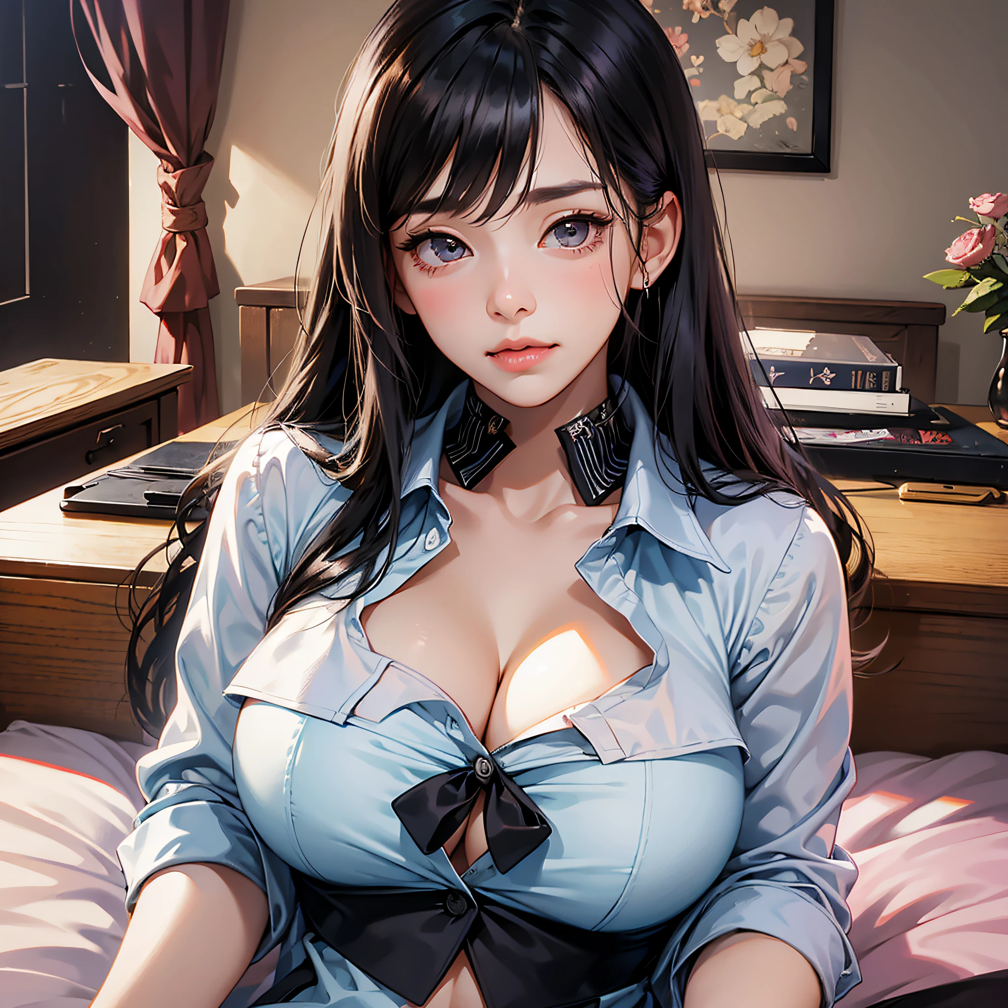 2girls, black hair, open shirt, large breasts, multiple 4koma, very long hair, breasts, on bed, puffy, best quality, blush,, rolling eyes, looking at viewer, teacher,