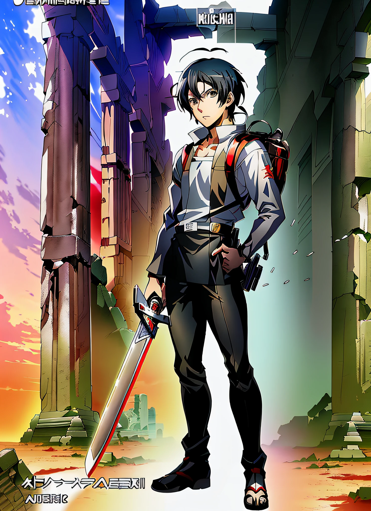 Anime character with backpack and sword, 2D anime style, Shigenori Soejima illustration, official character art, trigger anime art style, badass anime 8 K, ((character concept art), detailed anime character art, male anime character, single character full body, anime full body illustration, high quality anime art style , Anime Character, (Ancient Ruins) (Greek Ruins)