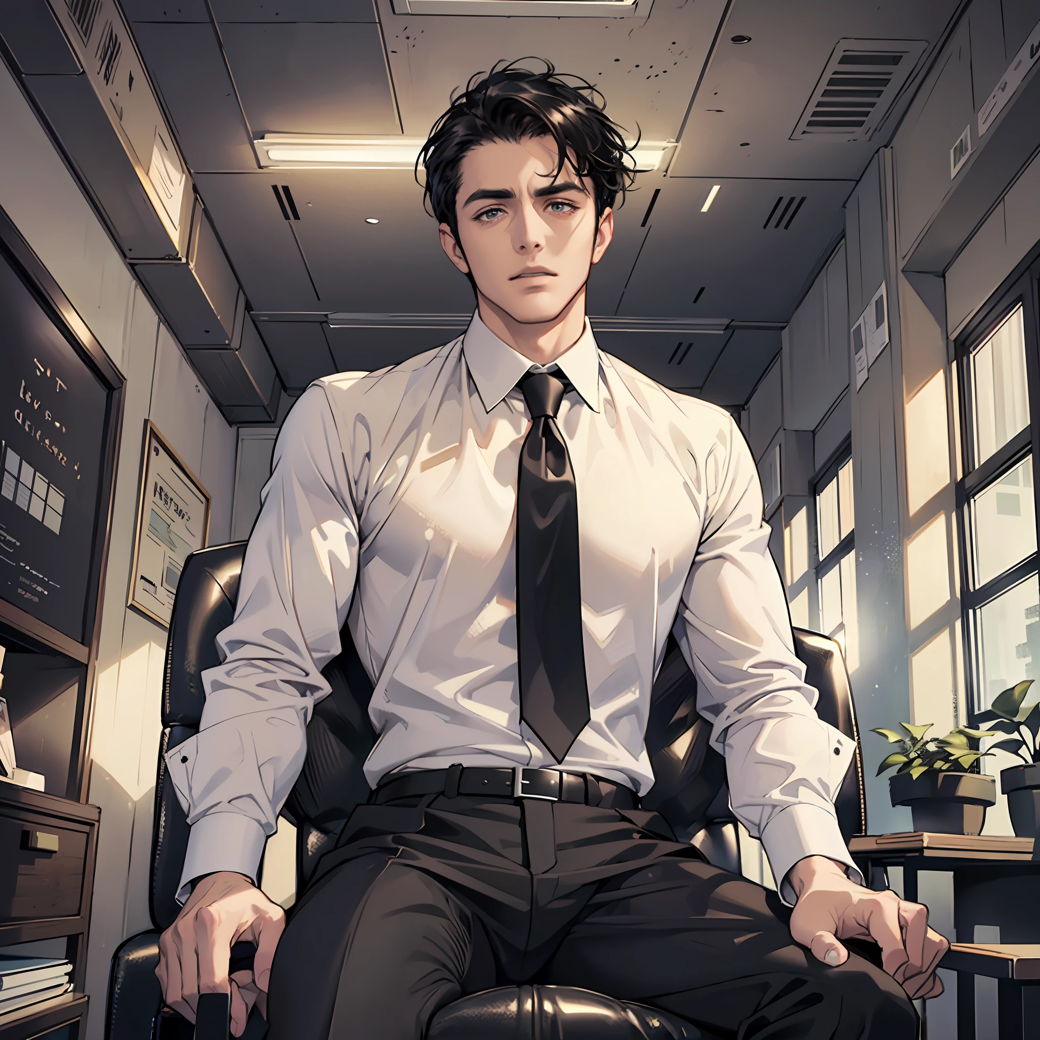 Masterpiece, Excellent, (Office: 1.5), CG drawing with super high detail, handsome, cold face, expressionless,
(a man with short black hair, white shirt, black tie, black pants, leather shoes, a little scum: 1.8),
Inside the president's office, luxurious, sitting on a chair, facing the audience, illustrations