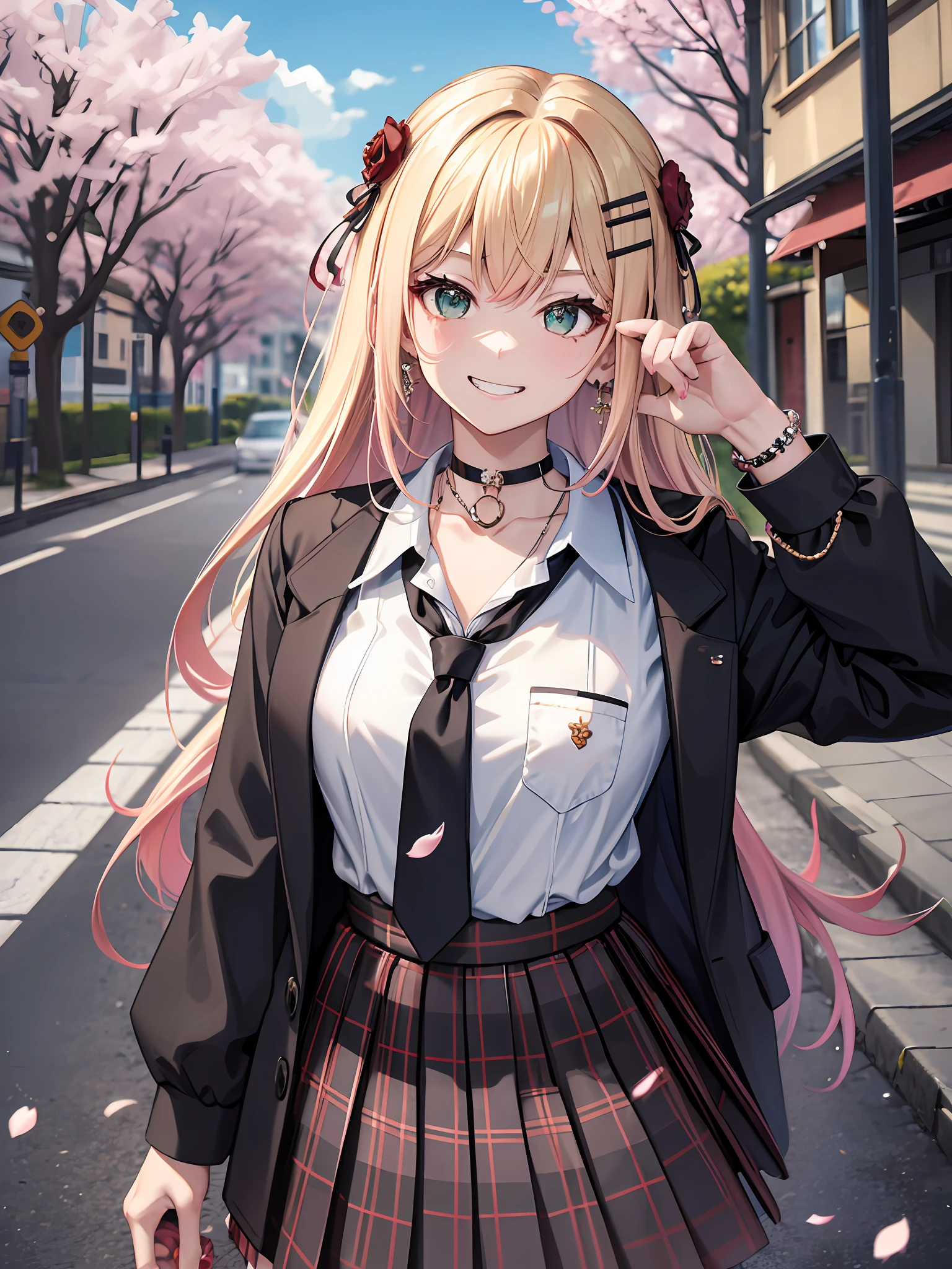 8K, highres, masterpiece, best quality, salute, hand on hip, full body, momosuzu nene , 1girl, bangs, blonde hair,blush, black choker, black necktie, (rose on hairpin), blue skirt, bracelet, choker, clothes around waist, collarbone, collared shirt, dress shirt, ear piercing, eyebrows visible through hair, gradient hair, grin, gyaru, jewelry, kogal, long hair, loose necktie, necktie, piercing, plaid, plaid skirt, pleated skirt, ring, school uniform, shirt, skirt, smile, solo, white shirt, cowboy shot,looking at viewer, street, sky, cherry blossoms, petals, realistic skin,