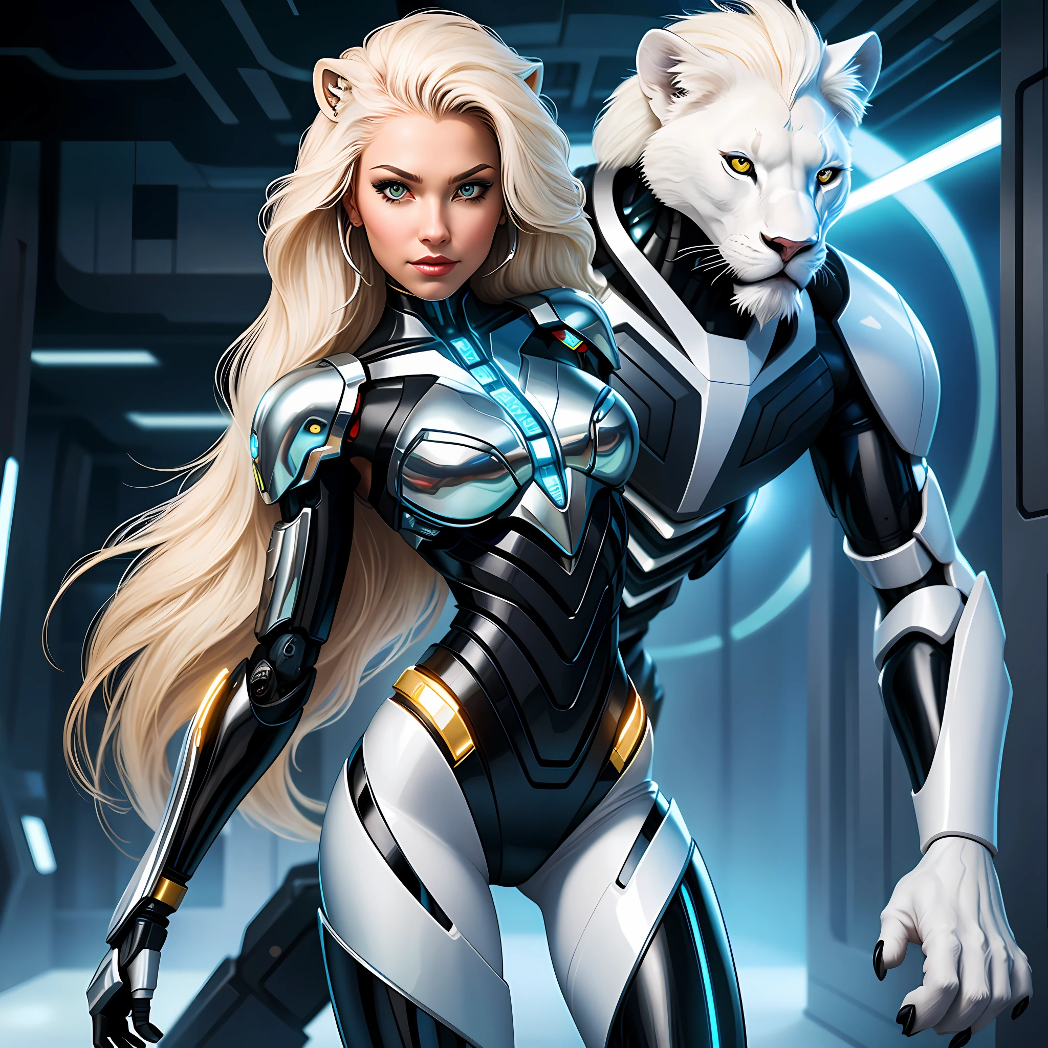 A Female Cyborg Warrior A White Lion Girl Who Can Speak Human Language