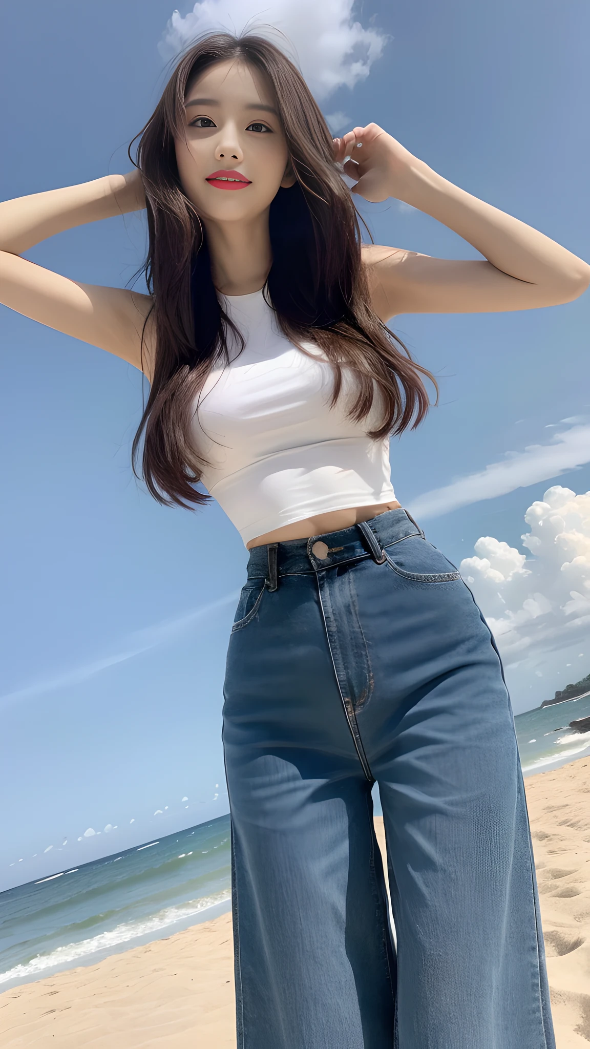 ((Best Quality, 8K, Masterpiece:1.3)), A beautiful girl, pure, melon face, gentle and cute, thin figure, partial head, leaning forward, ((long solid color top, high-waist printed wide-leg pants)), black fluffy long hair, round black big eyes, clear big eyes, moist red lips, sweet smile, standing, blue sky and white clouds, sunshine, beach background,