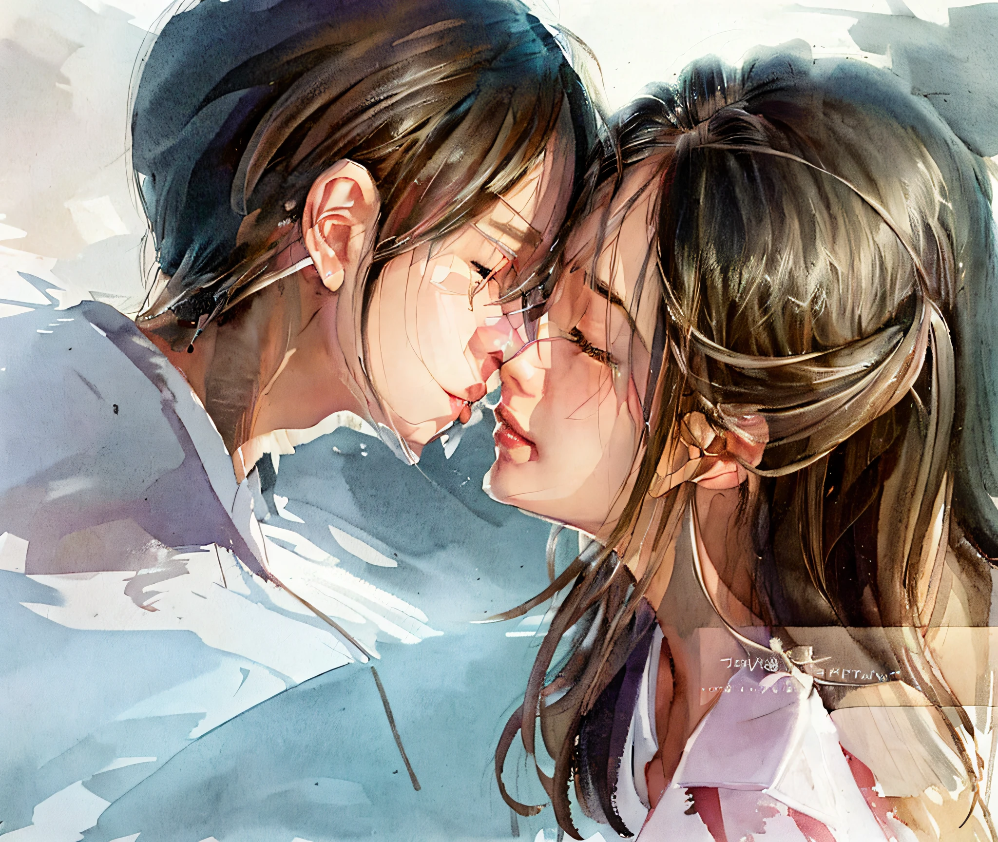 anime couple kissing in the snow with pink background, kissing together cutely, official fanart, lovely kiss, zerochan art, high quality fanart, kissing together, soft anime illustration, shoujo romance, sakimichan and makoto shinkai, made with anime painter studio, detailed fanart, happy!!!, fanart ”, tumblr, kawaii realistic portrait, zerochan
