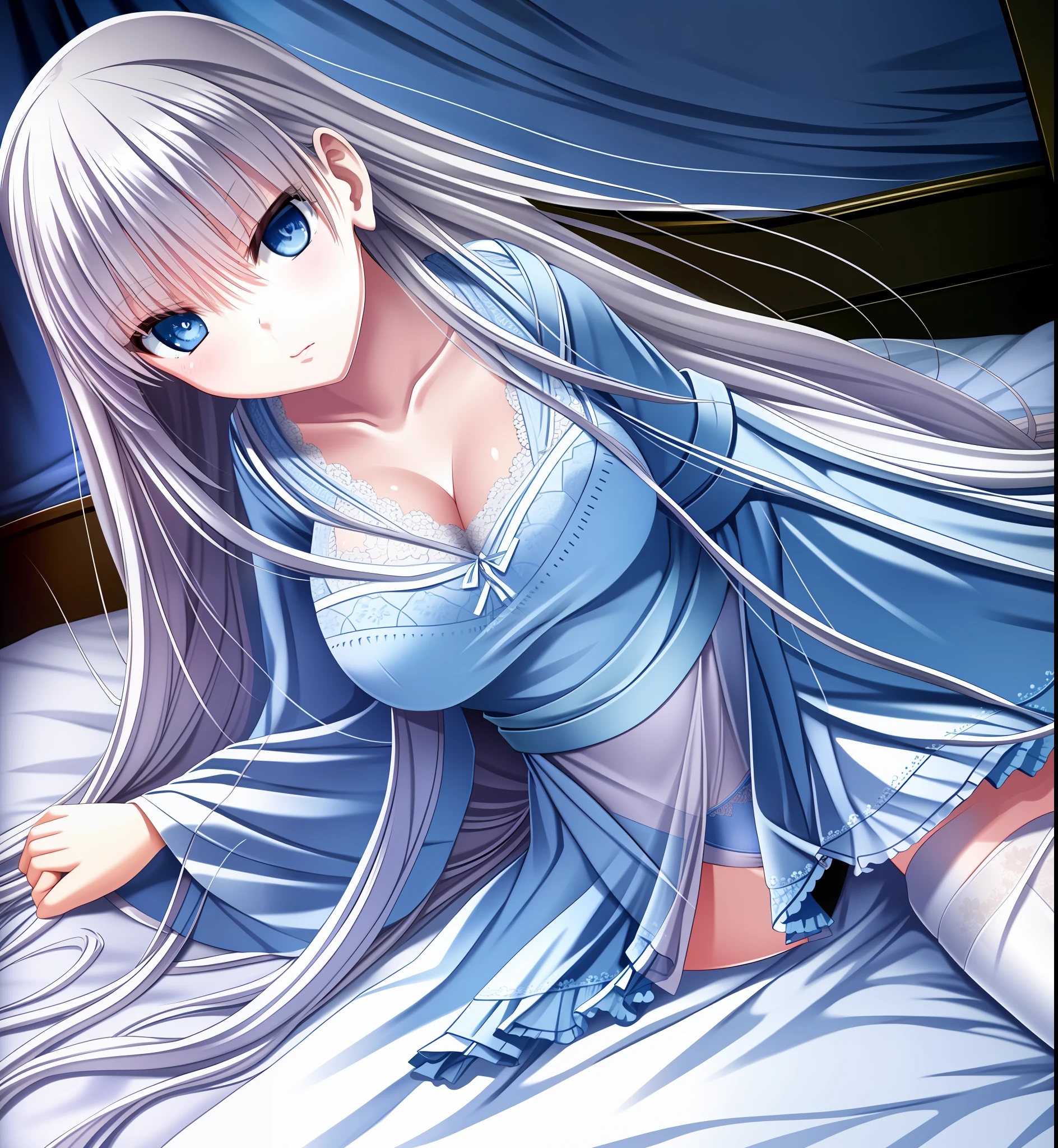 masterpiece, best quality, highres, {beautiful detailed eyes}, finely detail, Depth of field, 4k wallpaper, extremely detailed lace, BLUE SKY, Depth of field, 
(age:12:1.3), (wariza on bed inside detailed bedroom:1), (wearing white laced bra and white fundoshi:1.1), (black thighhighs), (endlessly growing absurdly long hair spreading on bed endlessly:1.2), (cameltoe:1.1), (shy and blush and angry:1.1), (gigantic breasts:1)