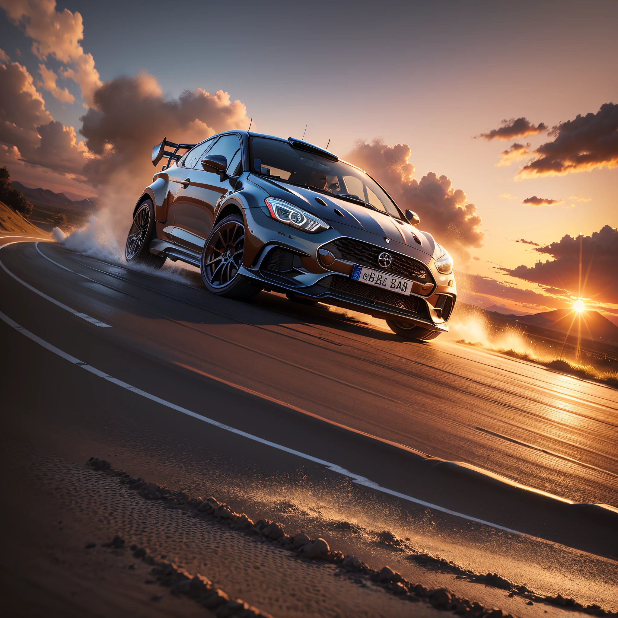 Rallye car, skidding on a curve, throwing mud to the right side, under a sunset, detailed, realistic, no logos