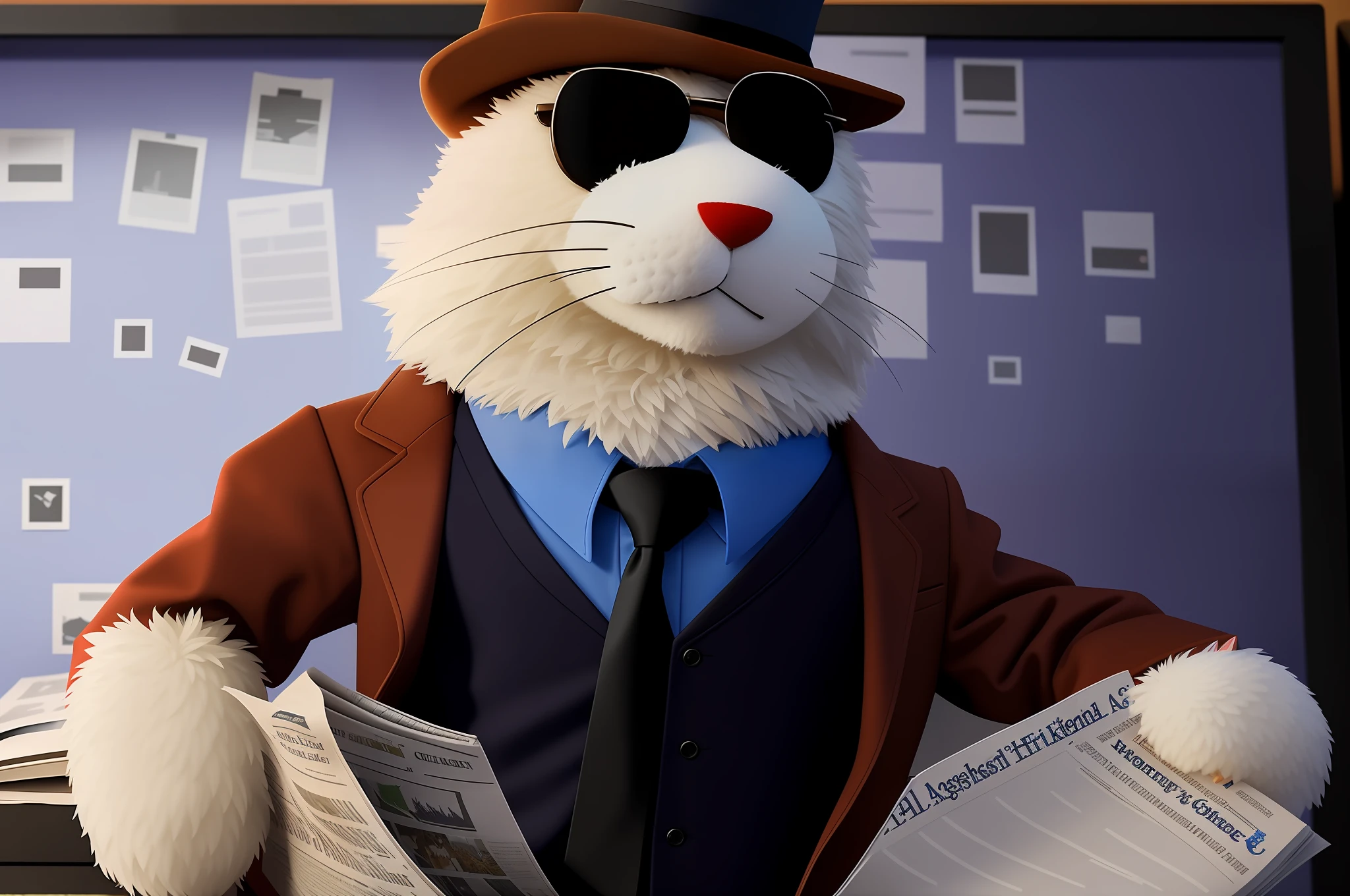 stuffed animal dressed in blue shirt and black tie and brown overcoat holding a newspaper, anthropomorphic cat, an anthropomorphic gangster cat, muppet style