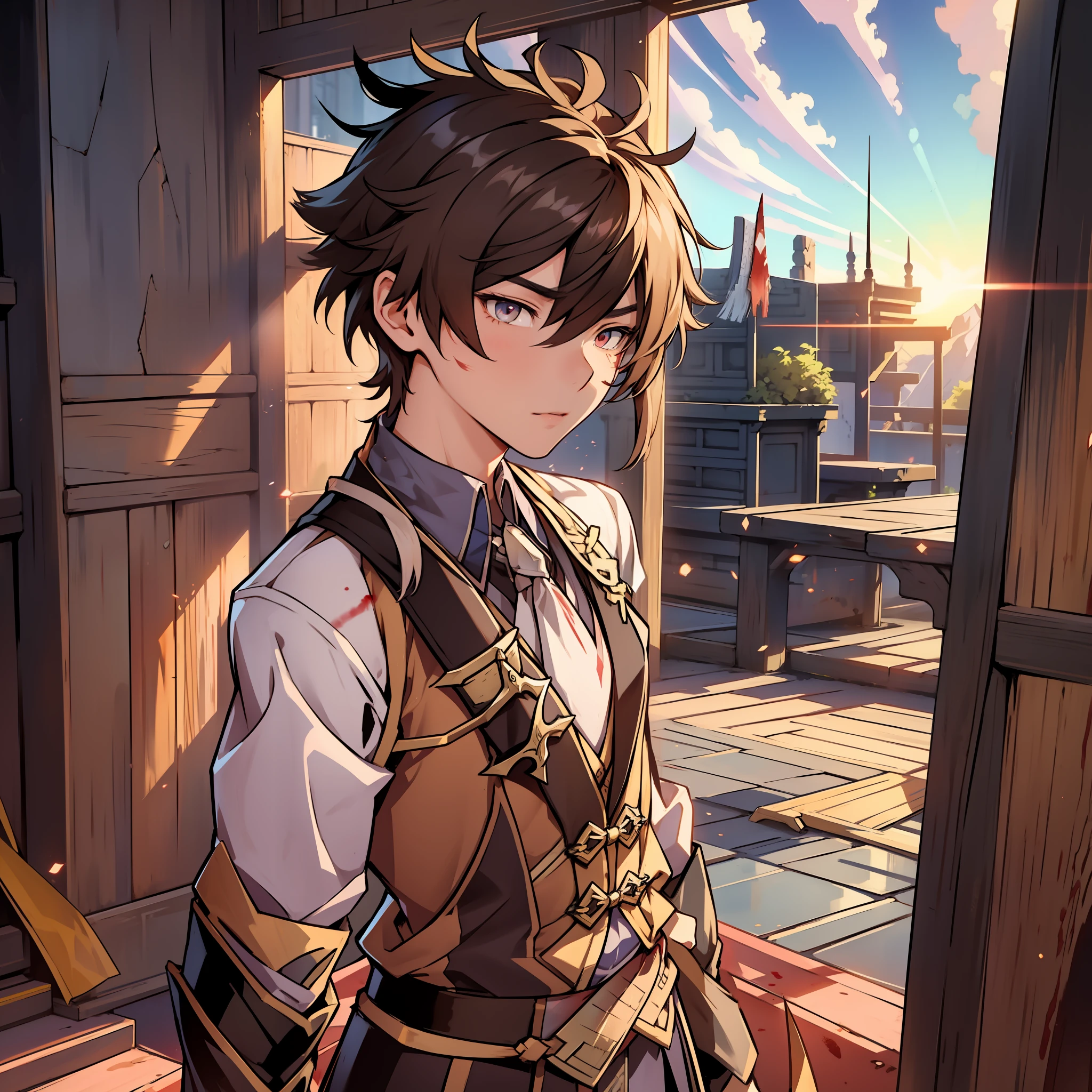 1boy, Zhongli stands alone on a desolate battlefield, hir sword stained with blood, with scars on his face and determination in his eyes, In the background, the sun sets behind her, casting a warm glow over the scene.