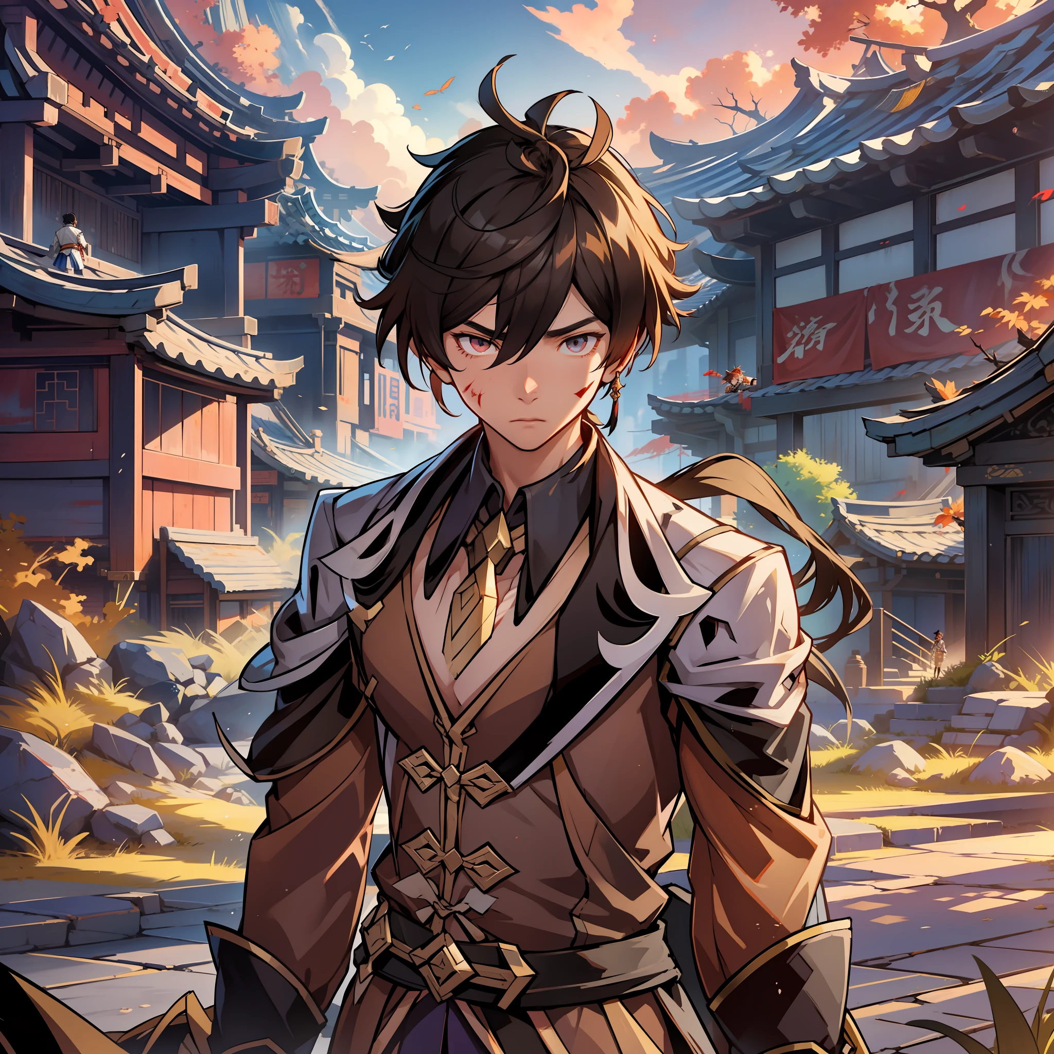 1boy, Zhongli stands alone on a desolate battlefield, hir sword stained with blood, with scars on his face and determination in his eyes, In the background, the sun sets behind her, casting a warm glow over the scene.