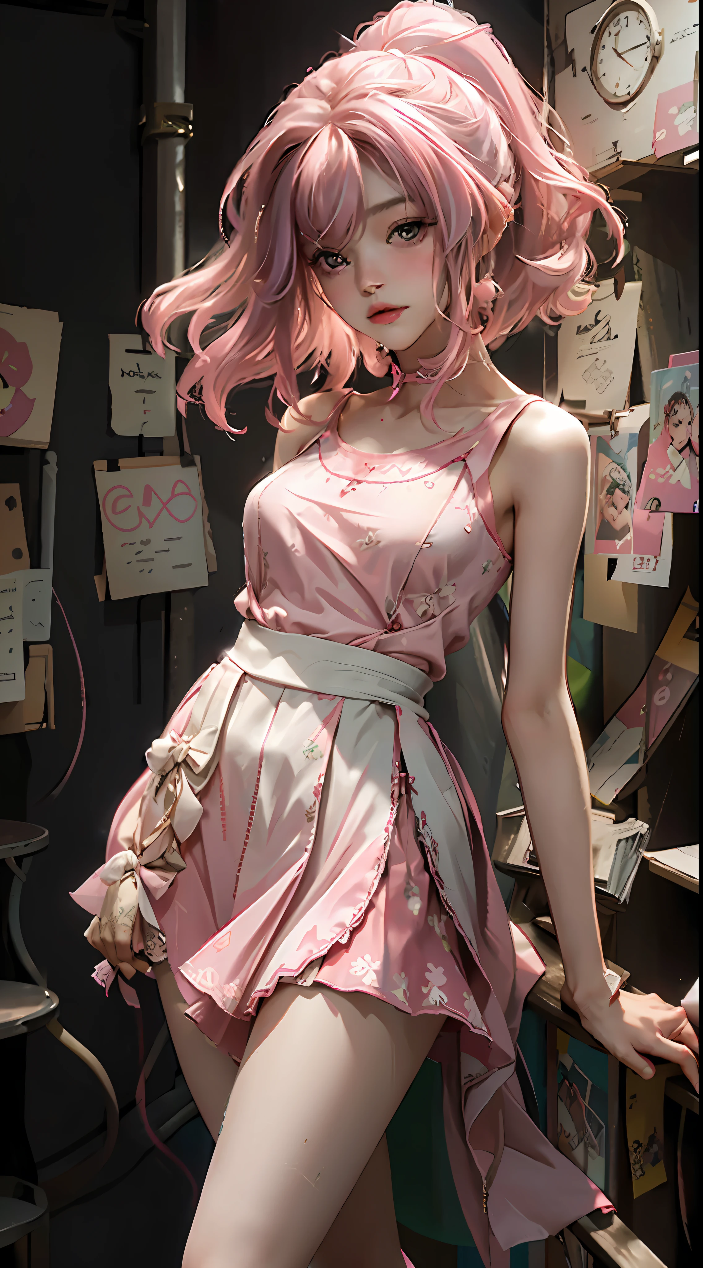 Best Quality, Masterpiece, Ultra High Resolution, (Realisticity: 1.4), Original Photo, 1Girl, Pink Bare Shoulders, Film Lighting, Nudity, Bare Shoulders, Camisole Vest, Miniskirt, Transparent Wear, Open Waist, Microskirt //, Very Short, Colorful Graffiti on Shoulders, Pleated Skirt, JK Short Skirt Long Legs, Lace Trim, Tulle Texture Dress. Pink cute, tender pink, delicate expression, pink and white clothes. The coat slipped off, the figure is tall, one meter eight tall, cute cute cute cute and cute woman