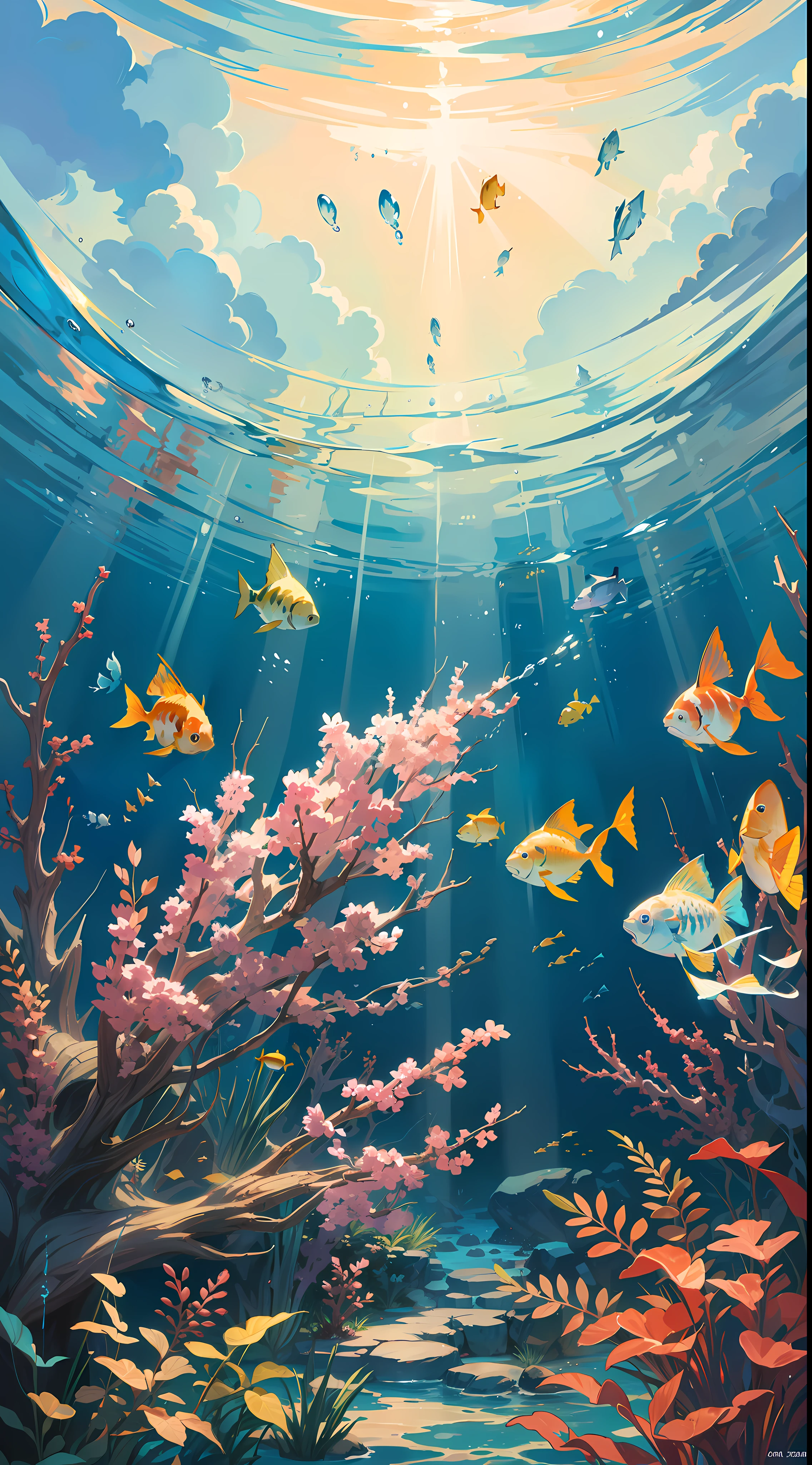 (artwork) image of an underwater view, as if it were seen from the bottom up towards the sky, with colorful and beautiful fish, sunlight passes through the crystal clear water, high details, masterpiece, 8k, anime, dramatic lighting, special effects