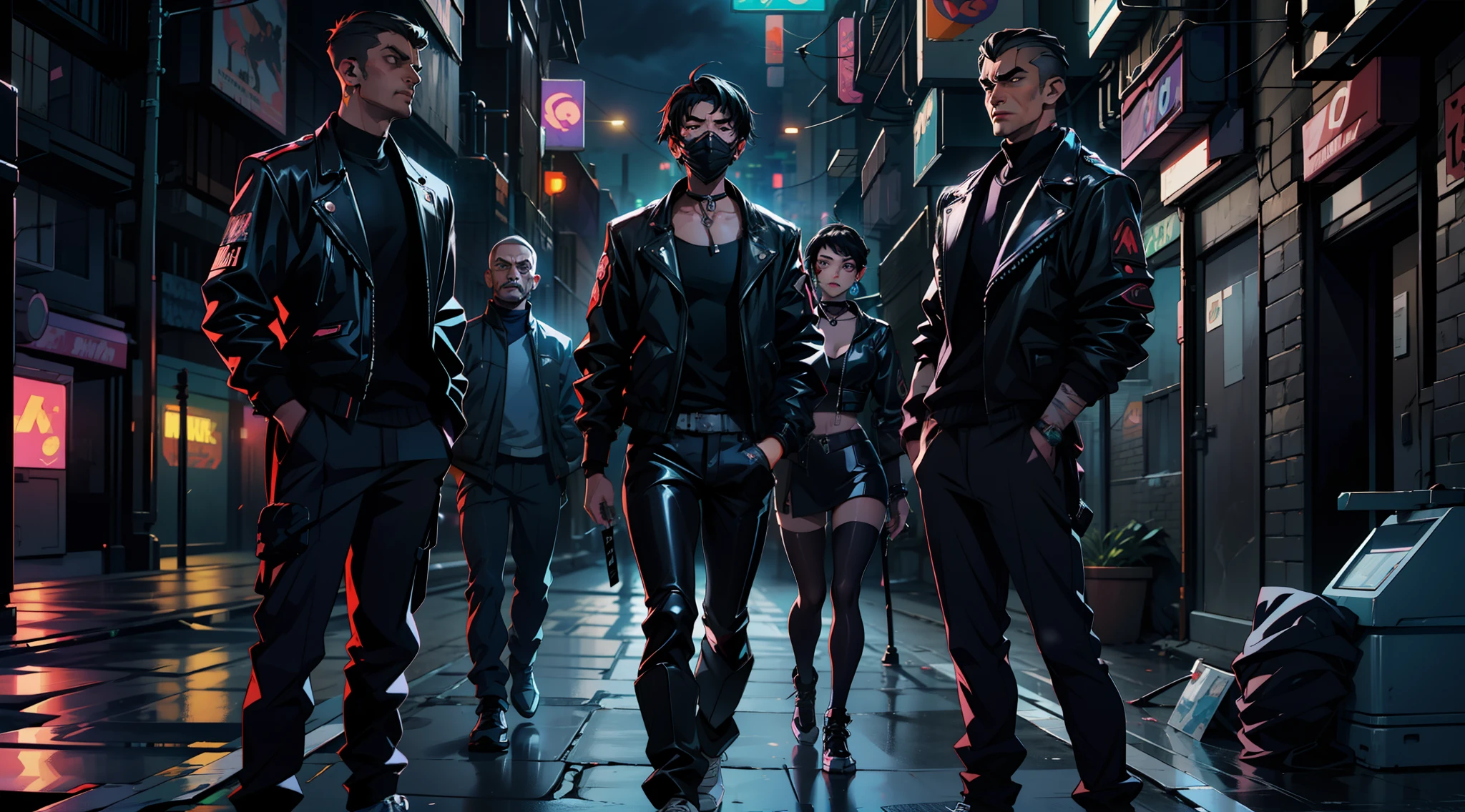 Femme magnifique ( néon cyberpunk ), night, moon, cyberpunk city, dark and gloomy alley, garbage bug, high detail, high quality, neon lights aside, standing a guy and 3 grown men around a guy with black hair who is pressed against the wall, rough looking men