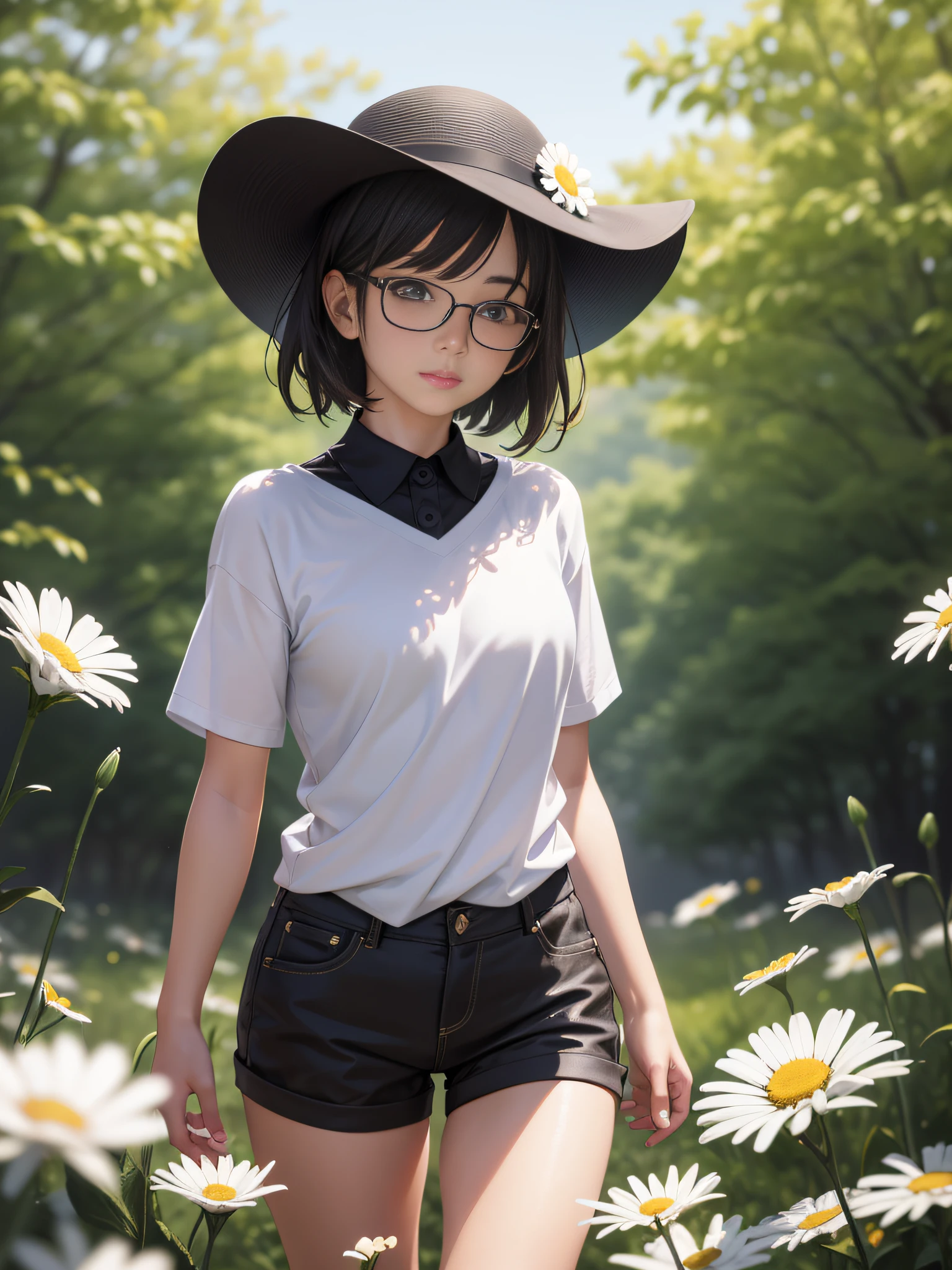 (RAW photo:1.2),(photorealistic:1.4),(masterpiece:1.3),(best quality:1.4),ultra high res, HDR,8k resolution, 1 girl, happy, Asian, shoulder length short brown hair, black hat, glasses, skinny, small breasts, white T-shirt, black long pant, high white socks, black shoes, (detailed eyes),(detailed facial features), (detailed clothes features),(full body),standing in the middle of a field of daisies