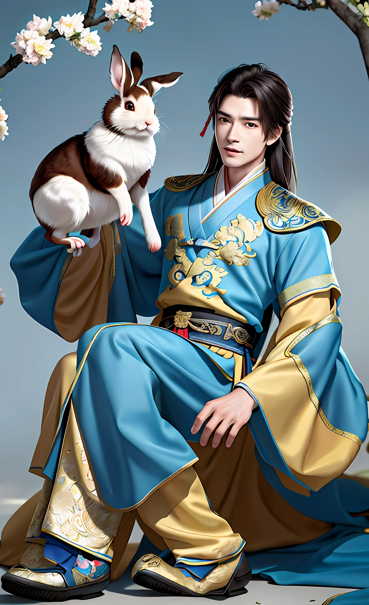The background is an ancient Chinese palace, complex background, sunlight, a handsome young man in ancient costume, tall, young, gentle, smiling, Zhao Yun, slender figure, long hair, simple hair bundle, beautiful male, wearing ancient Chinese official uniform, Chinese Tang Dynasty official uniform, oriental long-haired man, with a cute fat rabbit on his hand