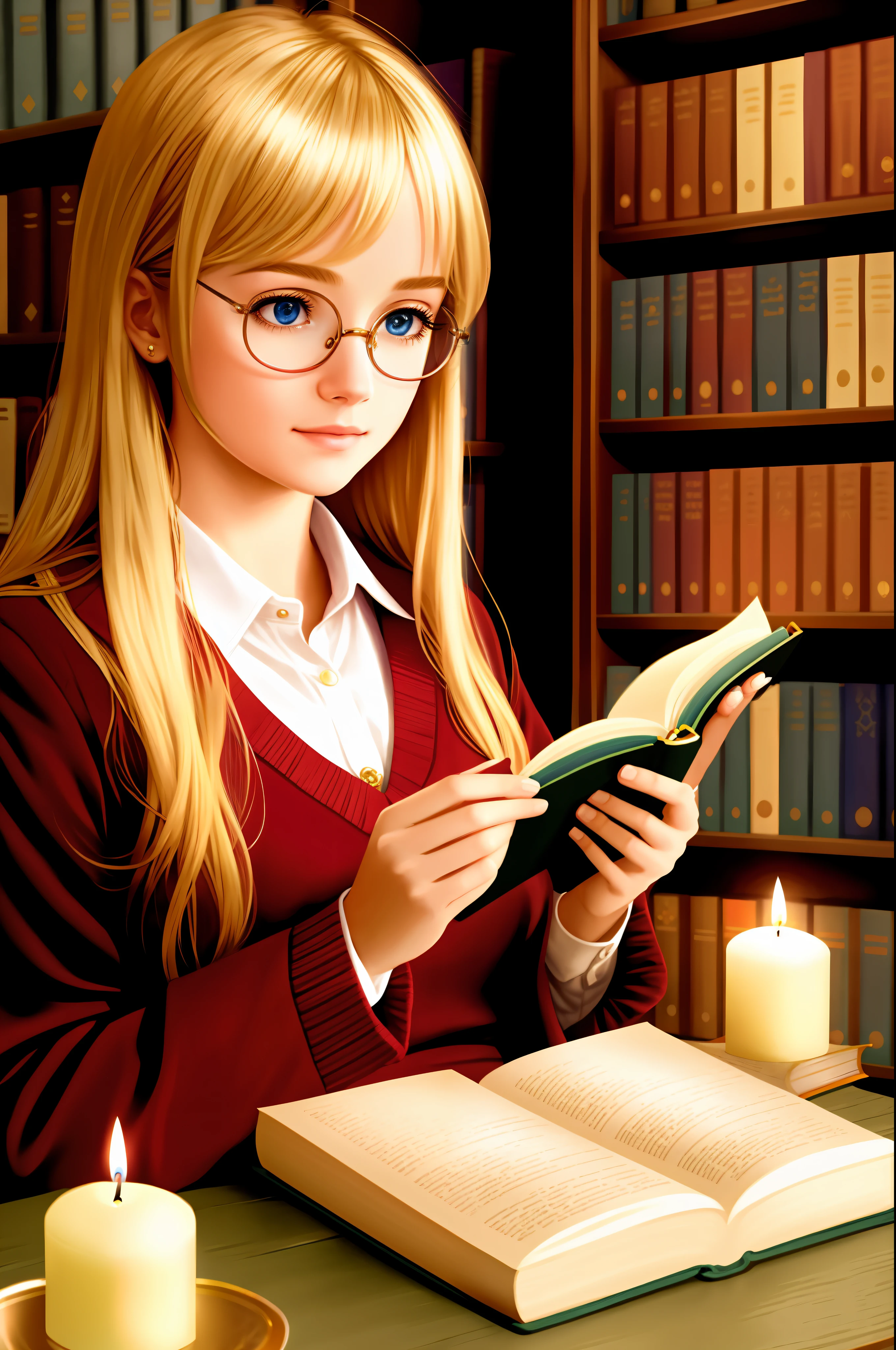 Blonde girl with round glasses reading a book in the library A magical world like Harry Potter, with lots of candles floating in the air Fantasy