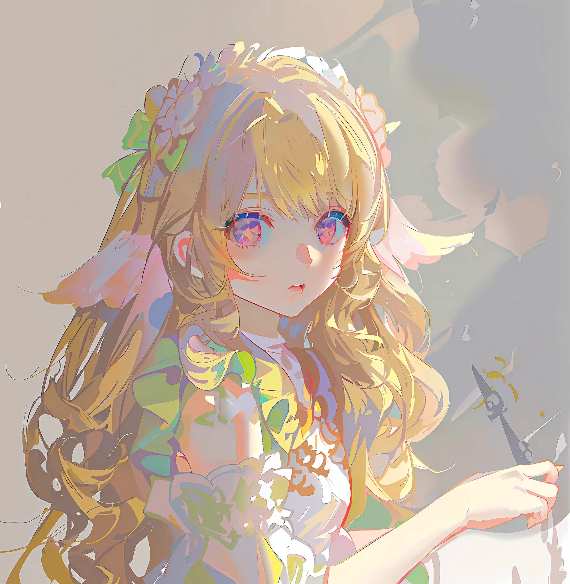 anime girl with long blonde hair holding a scissors and a book, soft anime illustration, made with anime painter studio, loish and wlop, detailed fanart, digital art on pixiv, painted in anime painter studio, zerochan art, , kawaii realistic portrait, guweiz, anime artstyle, detailed digital anime art, digital anime illustration