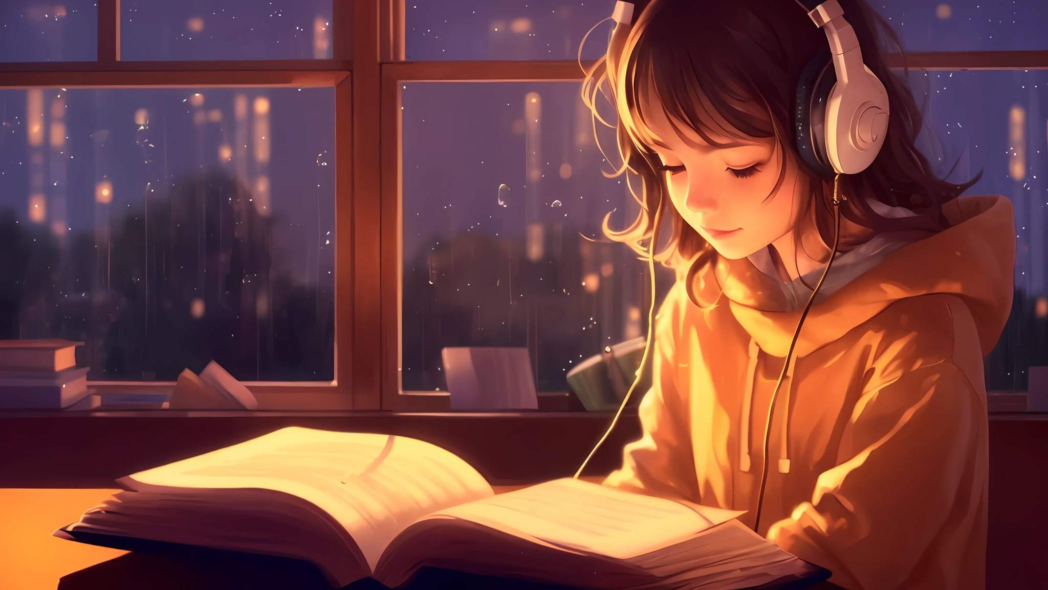 a girl studying, golden light, rain on the window, face illuminated