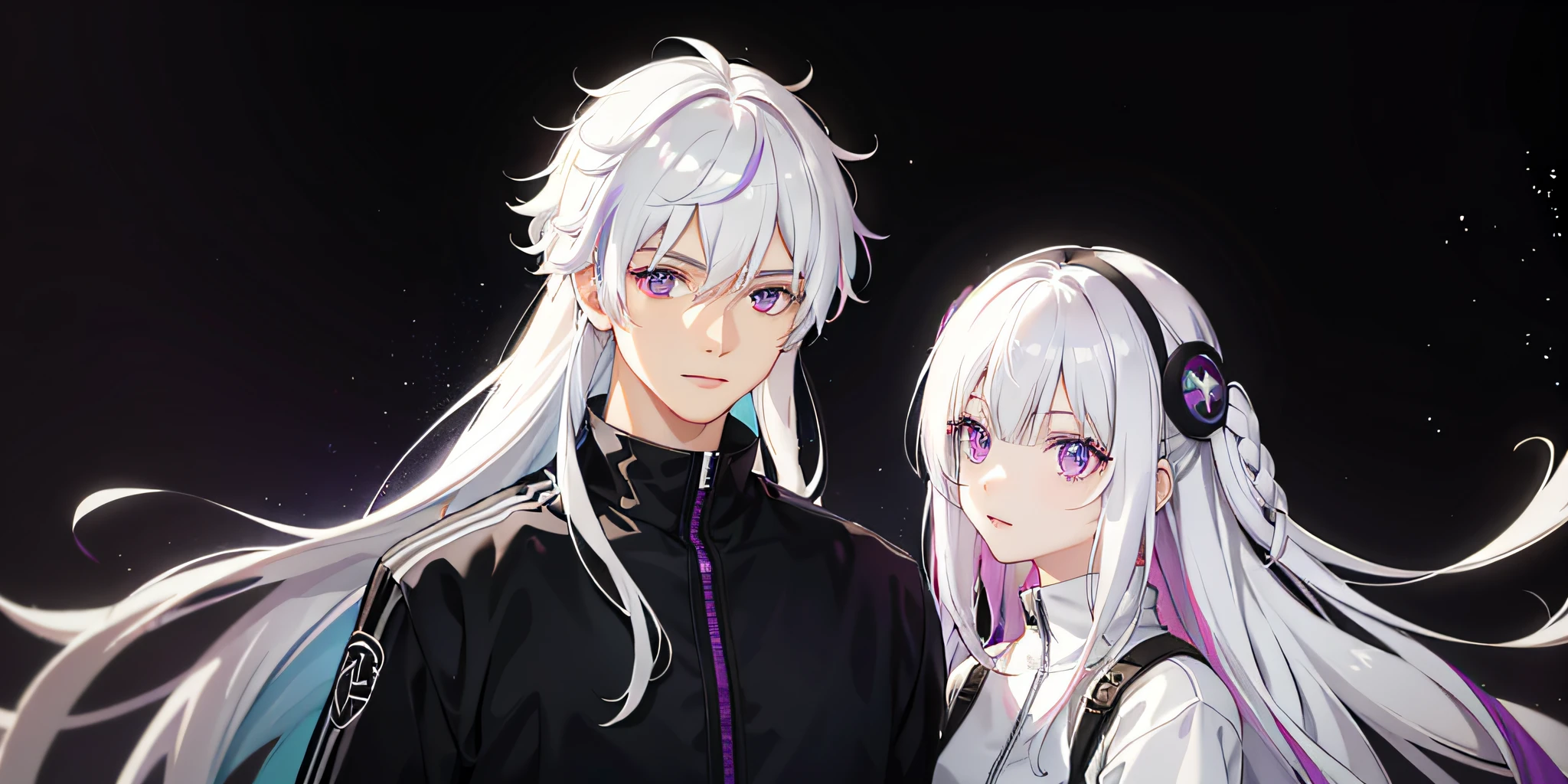 Couple, white hair, multicolored hair, purple eyes, mask on head, side light, light particles, wallpaper, casual sportswear