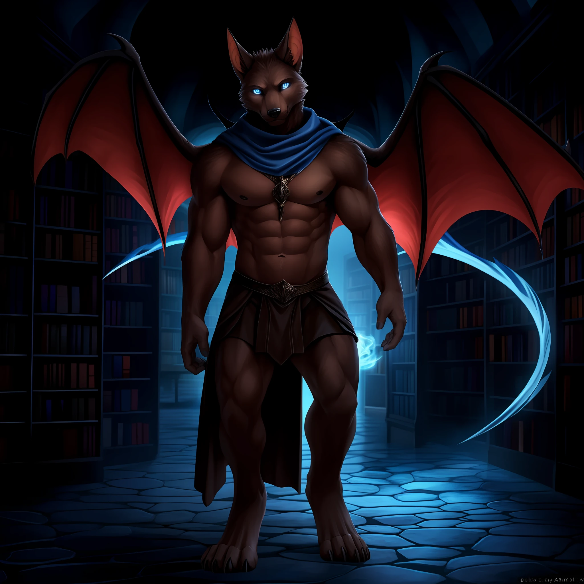 solo, male (muscular), mage, (male anthro bat), canine head, wings on back, right wing missing, detailed eyes, (detailed eyes, dark gray eyes, glowing eyes), dark brown body, light brown belly, standing, right arm on dark blue fire, tired expression, library, dim light, detailed background, realistic, realistic hands, 8k hd, (dark shadows, wide dynamic range, hdr, low light: 1.2), dark red loincloth, brown shorts, dark blue scarf