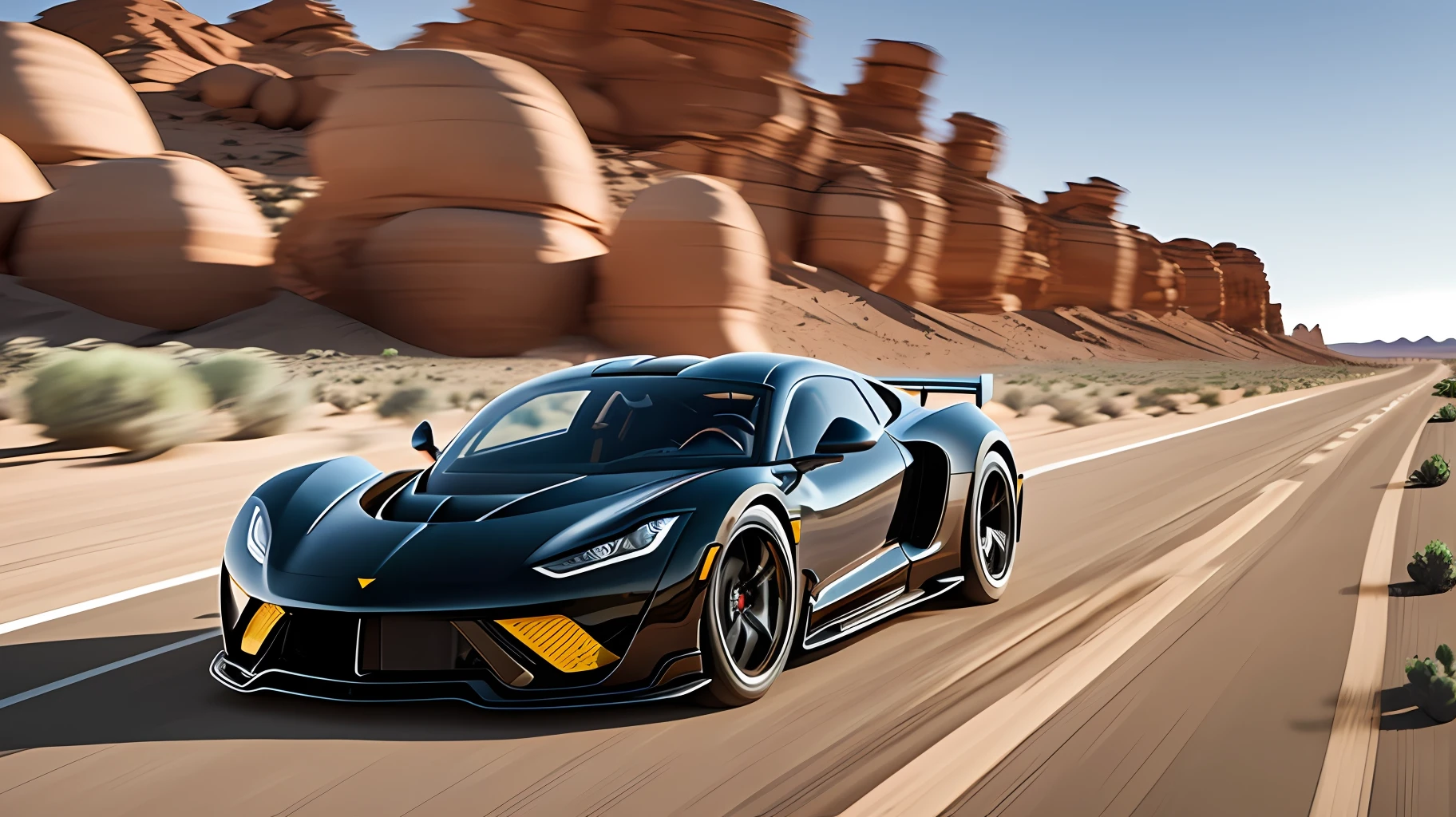 A Hennessey Venom F5 model car, speeding on a dirt road in the desert with many cacti. Realistic scene, ultra detailed, sense of movement and depth of field. --auto --s2