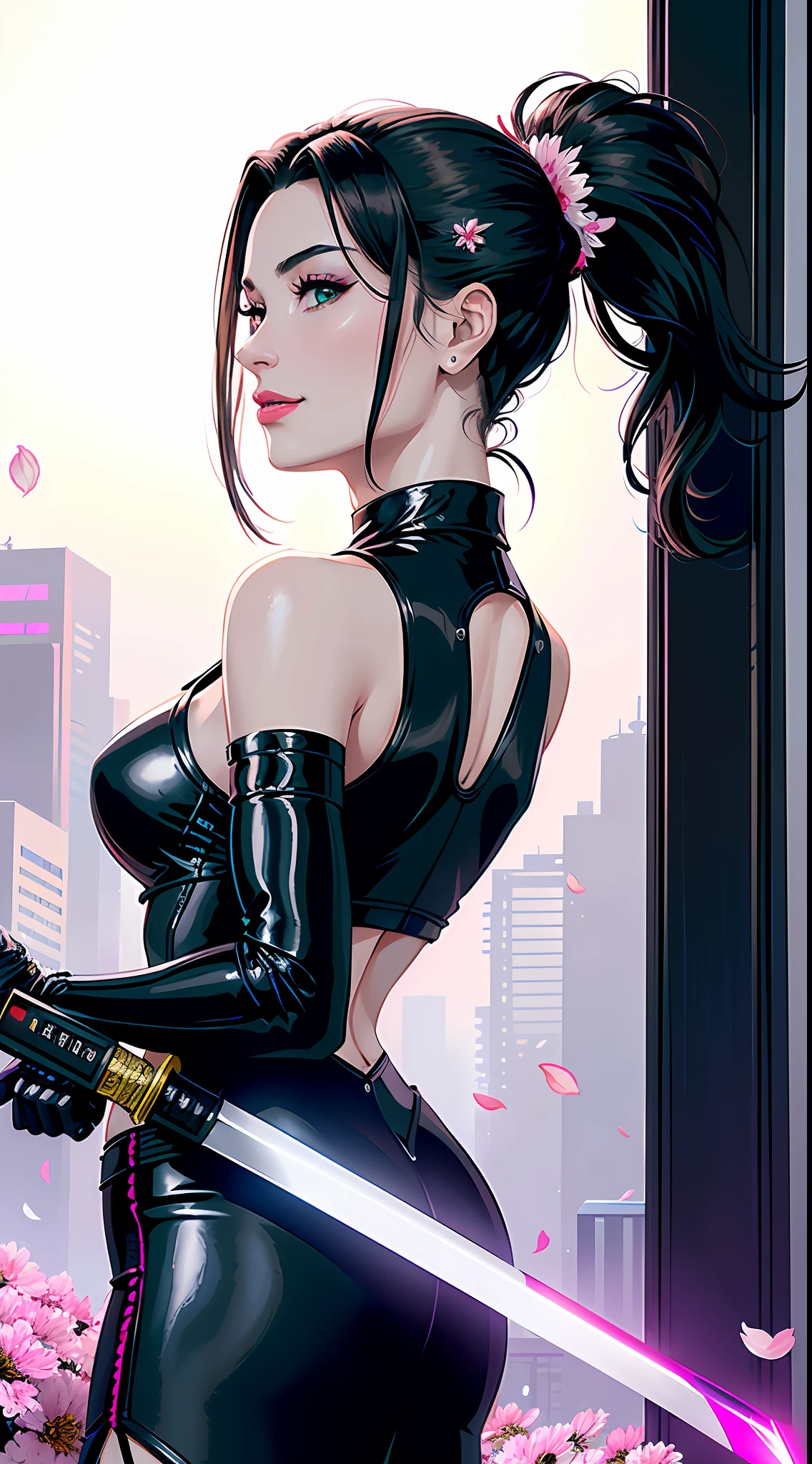 masterpiece, best quality, 1woman, (finely detailed beautiful eyes and detailed face), cinematic lighting, extremely detailed 8k CG unit wallpaper, solo, smile, ((flying petals)) ,(flowery meadow), overcast sky, waning moon, night, (dark theme: 1.2), fantasy, cyberpunk future japan: 1.5, she has long black hair with ponytail, green eyes, white skin, wears makeup, lipstick, choker, nice cyberpunk japanese clothes, she is a mercenary from a cyberpunk game, ((she is holding a glowing cyber-katana: 1.5, strong grip)), depth of field, she is looking to the side, futuristic japan city landscape