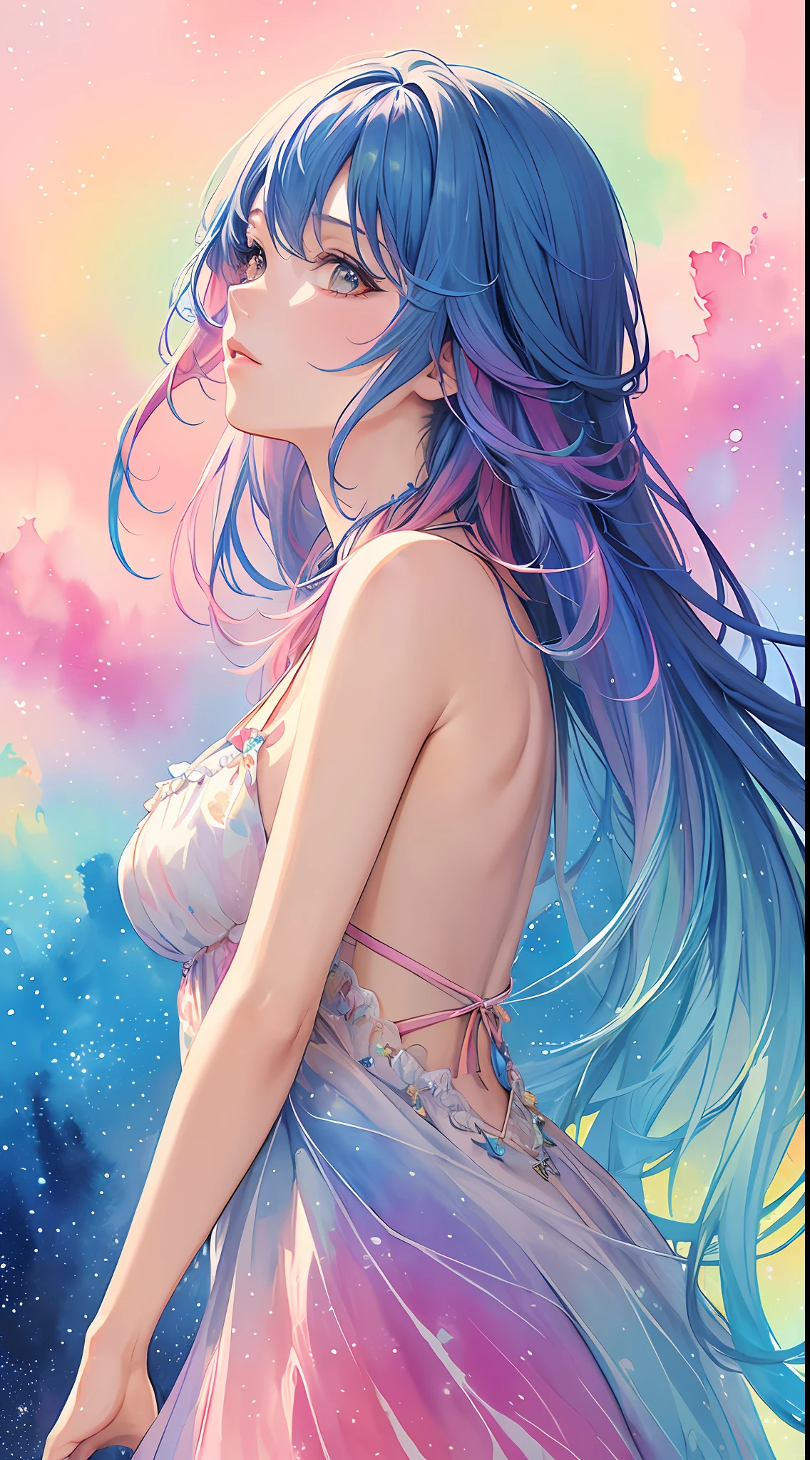 (masterpiece, top quality, best quality,watercolor (medium),official art, beautiful and aesthetic:1.2),(1girl:1.3), (fractal art:1.3),upper body, from side, looking at viewer,patterns,(rainbow color Hair,colorful hair,half blue and half pink hair:1.2),water,liquid, cloud,colorful, starry,stars,