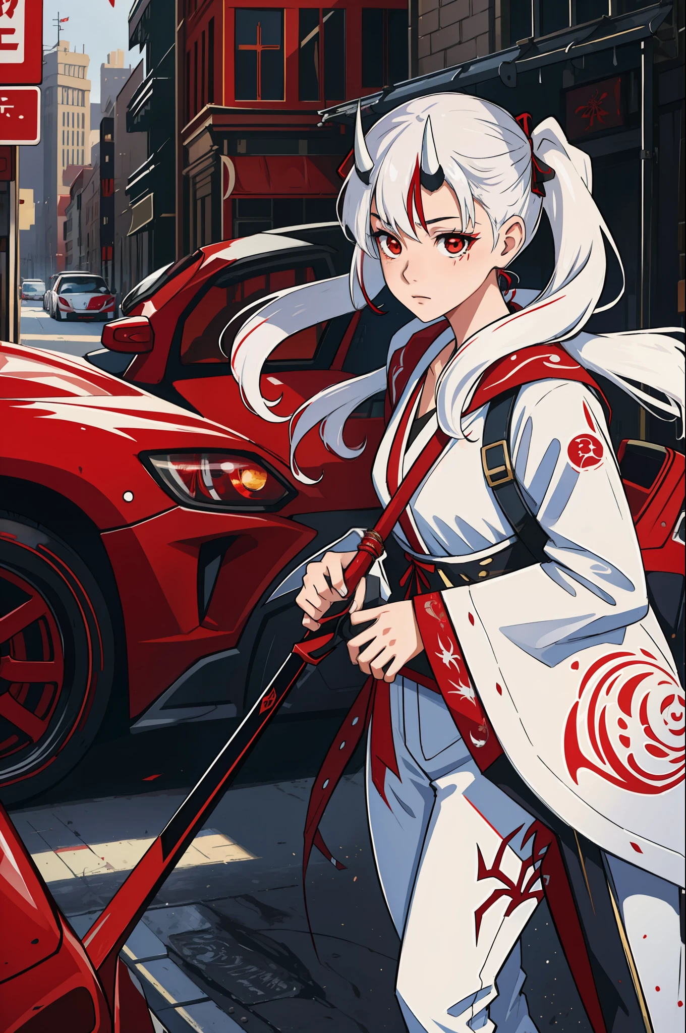 (masterpiece, best quality),  intricate details, 8k, artstation, wallpaper, official art, splash art, sharp focus,
1girl,  Nakiri Ayame, long hair, twintails,  red eyes, white hair, 
 spider suit, spider web print, spider web,  
skyscrappers, city, buildings, cars, street,