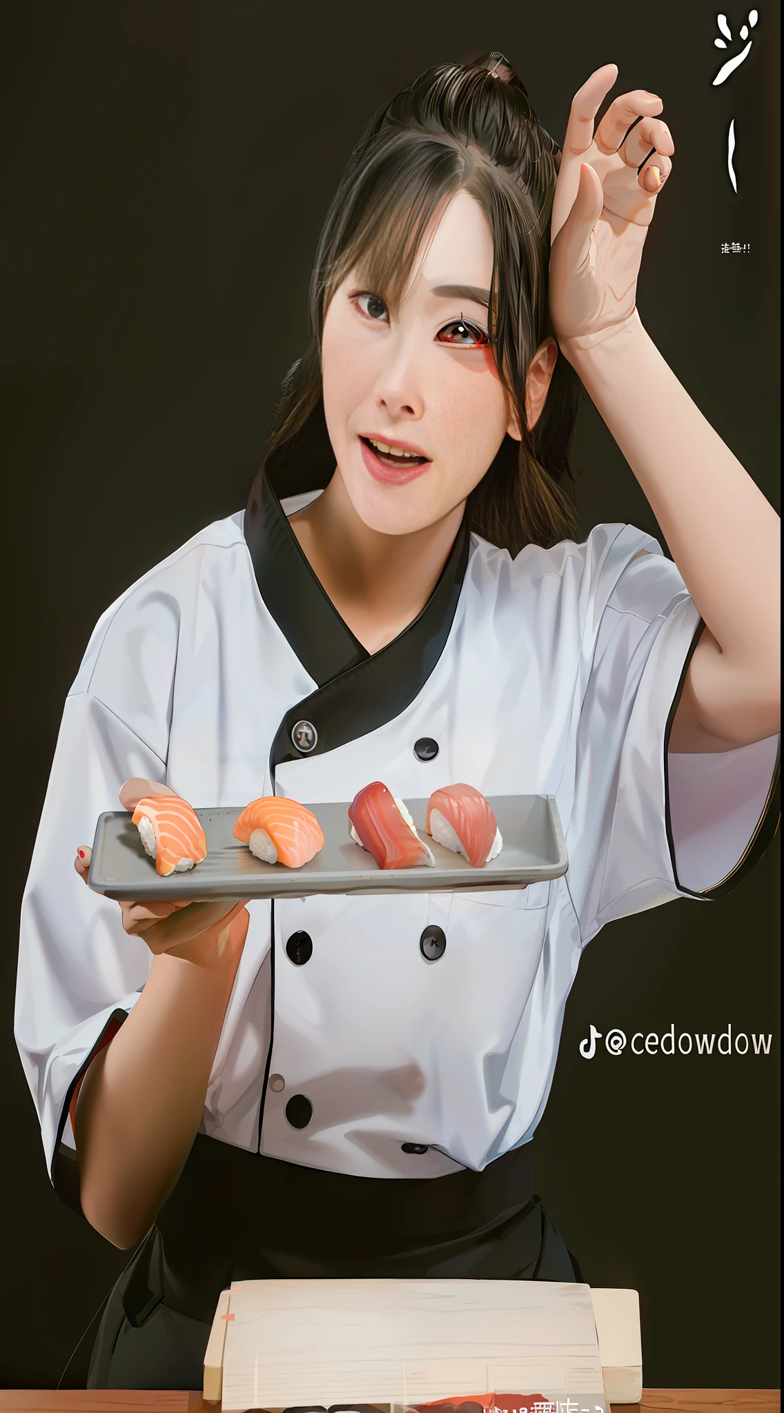 there is a woman holding a tray with sushi on it, tzuyu from twice, cooking show, cai xukun, ❤🔥🍄🌪, official fanart, heonhwa choe, ceo, kda, kotegawa yui, cooking, 🍁 cute, cook, chengyou liu, inspired by Kim Jeong-hui, seseon yoon