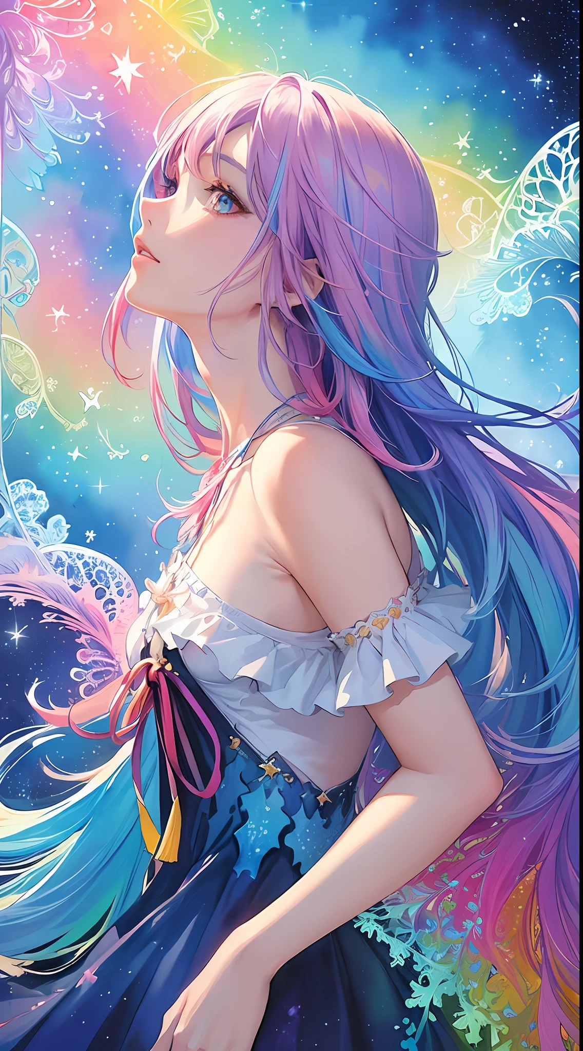 (masterpiece, top quality, best quality,watercolor (medium),official art, beautiful and aesthetic:1.2),(1girl:1.3), (fractal art:1.3),upper body, from side, looking at viewer,patterns,(rainbow color Hair,colorful hair,half blue and half pink hair:1.2),water,liquid, cloud,colorful, starry,stars,