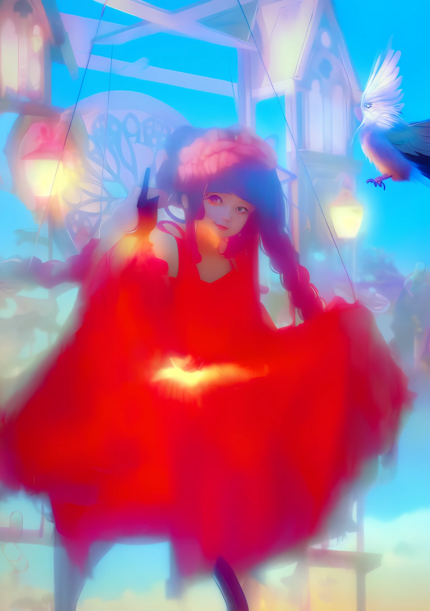 there is a woman that is sitting on a swing with a bird, artwork in the style of guweiz, guweiz, guweiz on pixiv artstation, digital art on pixiv, guweiz on artstation pixiv, guweiz masterpiece, pixiv style, soft anime illustration, pixiv, pixiv 3dcg
