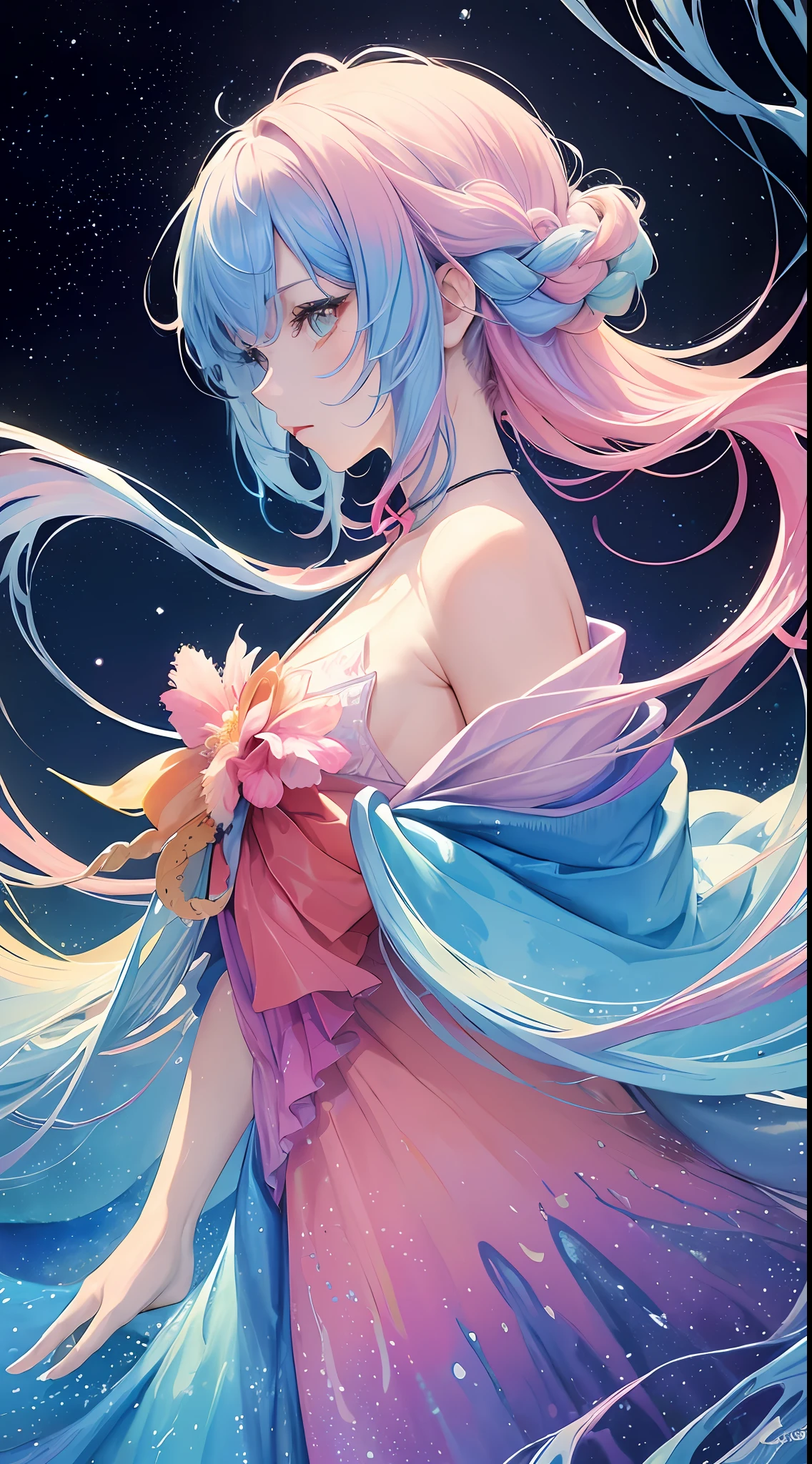 (masterpiece, top quality, best quality,watercolor (medium),official art, beautiful and aesthetic:1.2),(1girl:1.3), (fractal art:1.3),upper body, from side, looking at viewer,patterns,(rainbow color Hair,colorful hair,half blue and half pink hair:1.2),water,liquid, cloud,colorful, starry,stars,