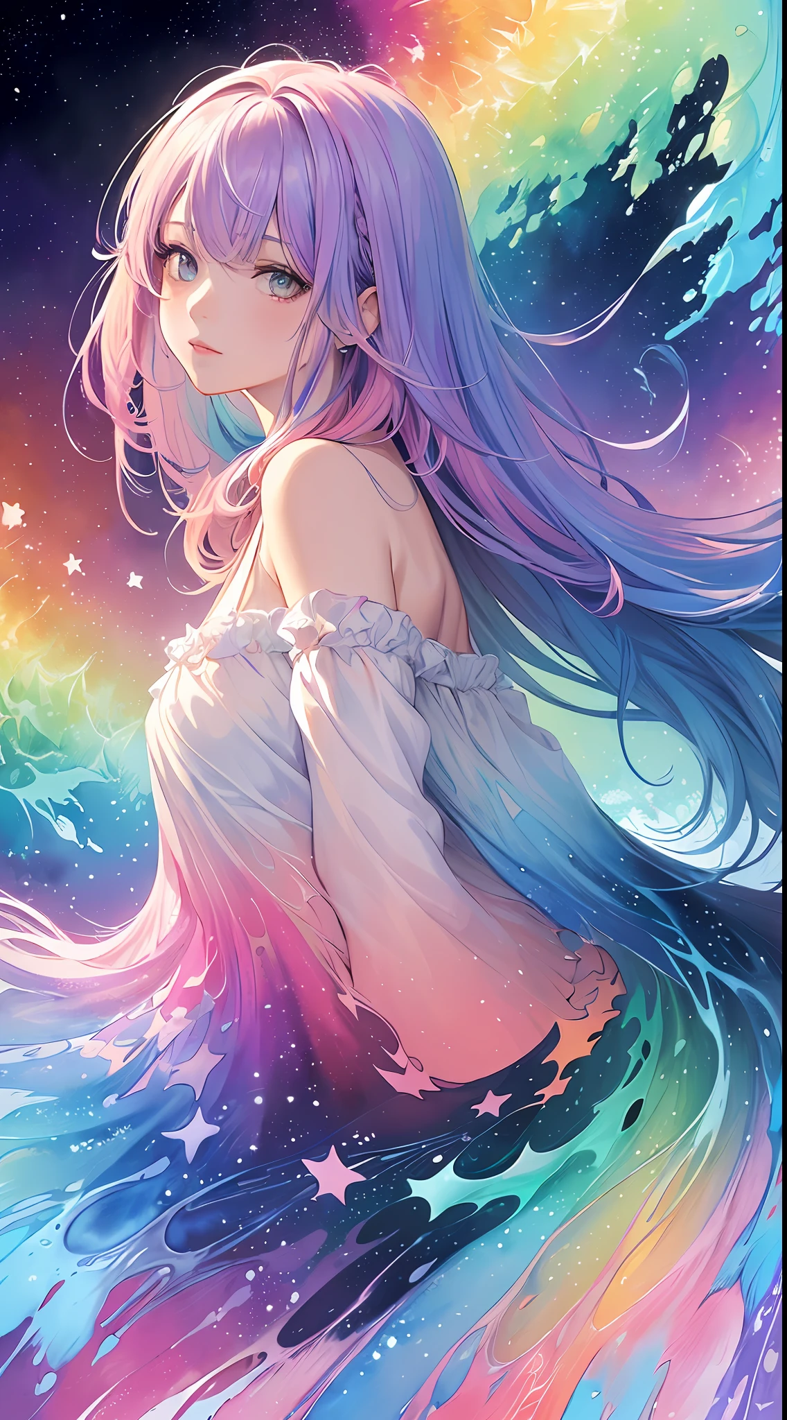 (masterpiece, top quality, best quality,watercolor (medium),official art, beautiful and aesthetic:1.2),(1girl:1.3), (fractal art:1.3),upper body, from side, looking at viewer,patterns,(rainbow color Hair,colorful hair,half blue and half pink hair:1.2),water,liquid, cloud,colorful, starry,stars,