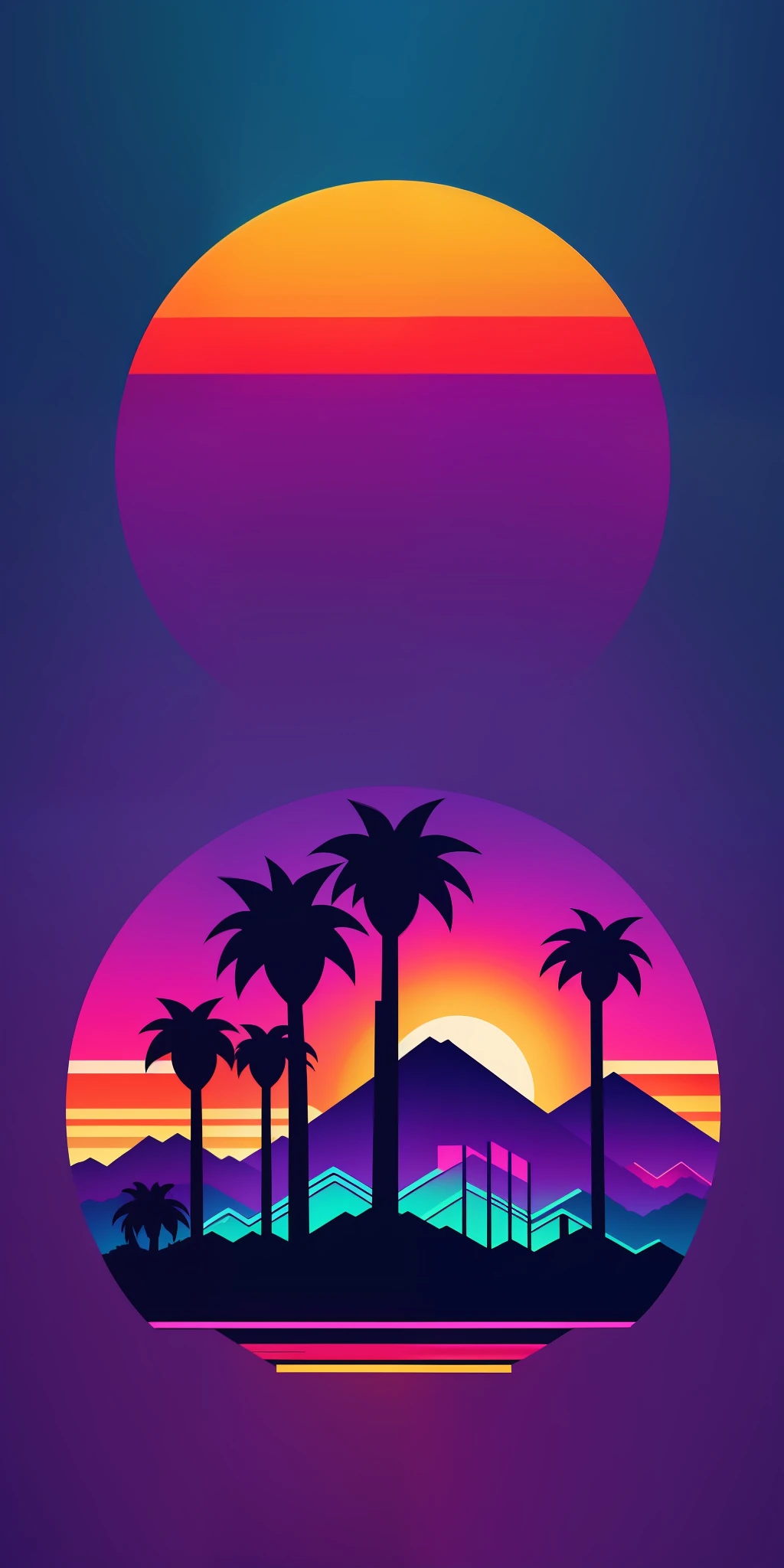 round logo mountains palm trees sun vector synthwave purple blue red orange bright neon colors on dark background on white background