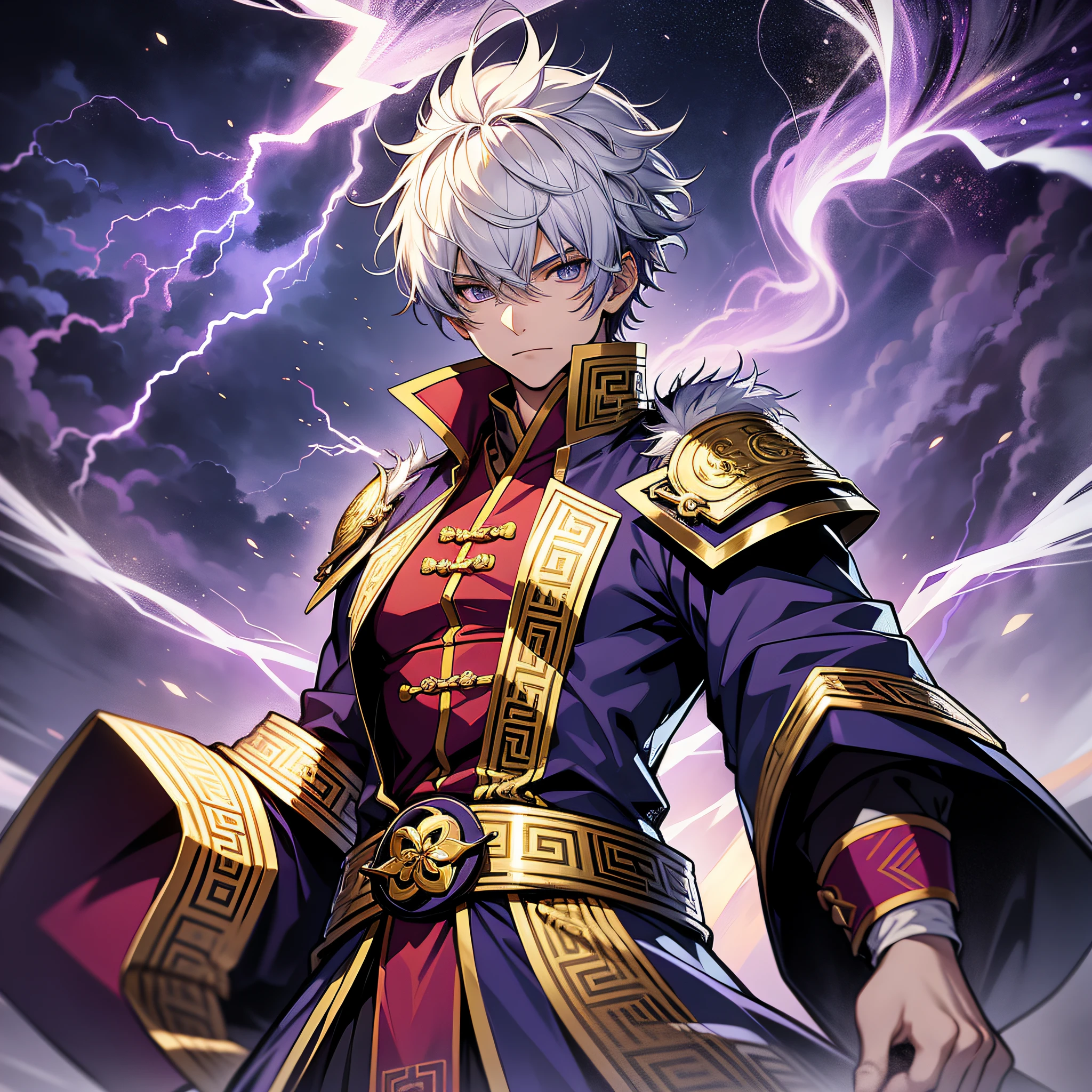 Monster, a boy with short white hair, wearing a Chinese style gold purple Taoist robe, lightning mage, lightning dispersion art