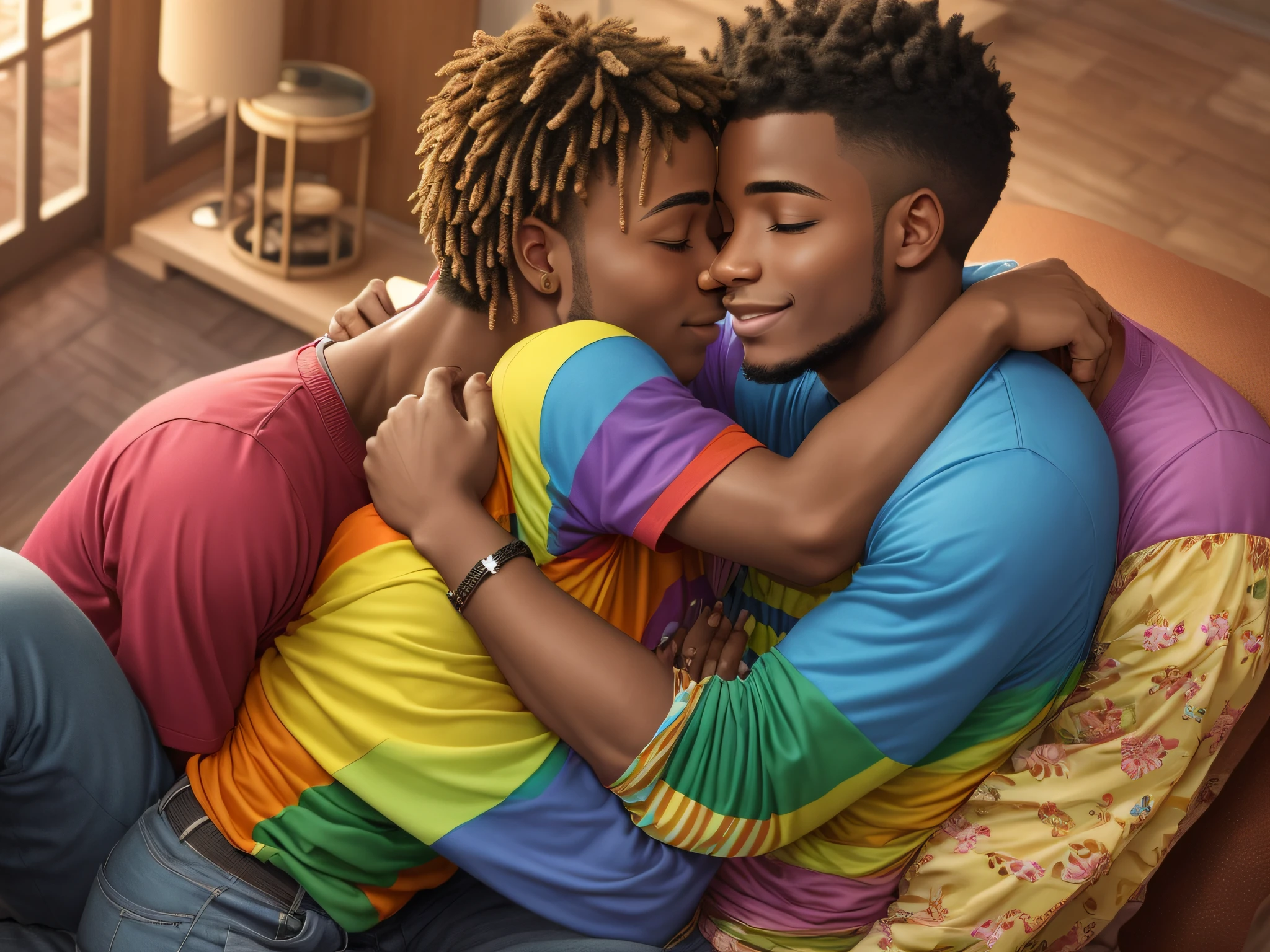 African lgbt couple at home cuddle and hug each other, partrners in love indoors, trans person with his girlfriend --auto --s2