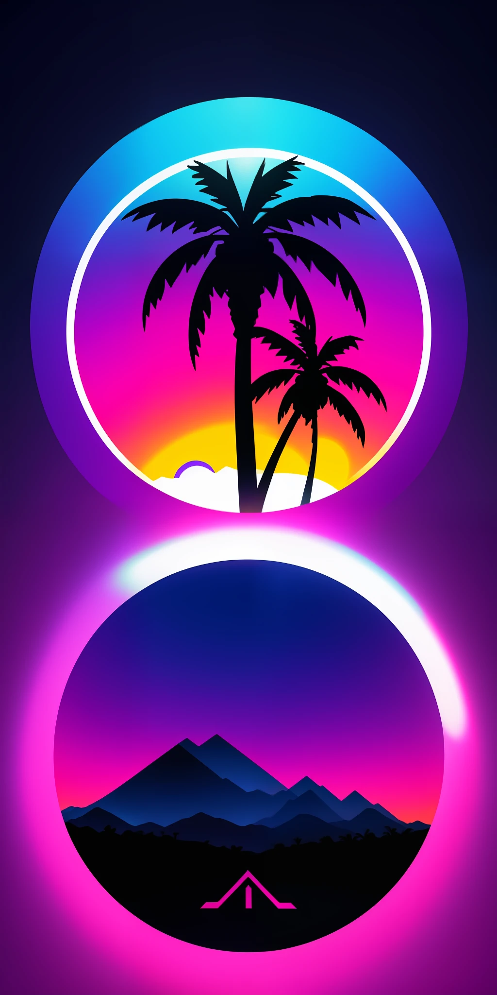 round logo mountains palm trees sun vector synthwave purple blue red orange bright neon colors on dark background on white background
