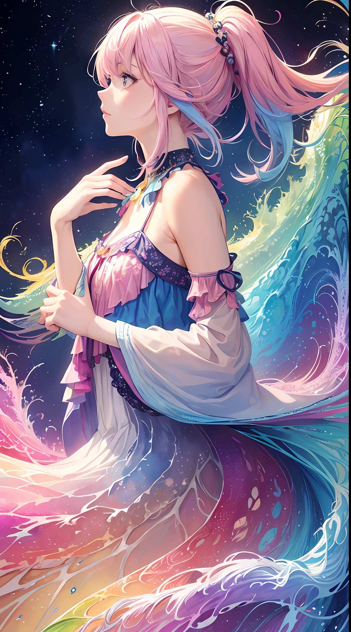 (masterpiece, top quality, best quality,watercolor (medium),official art, beautiful and aesthetic:1.2),(1girl:1.3), (fractal art:1.3),upper body, from side, looking at viewer,patterns,(rainbow color Hair,colorful hair,half blue and half pink hair:1.2),water,liquid, cloud,colorful, starry,stars,